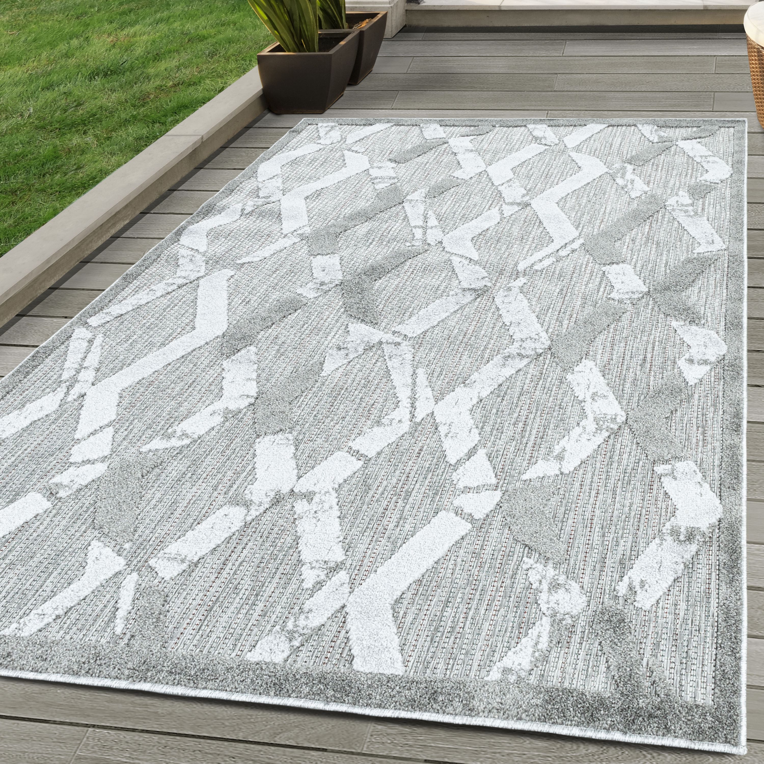Outdoorteppich Boho-Design, SIMPEX24, Rechteckig, Höhe: 10 mm, Outdoor Teppich Grey farbe 3D Boho Design für Küchen Balkon Terrasse