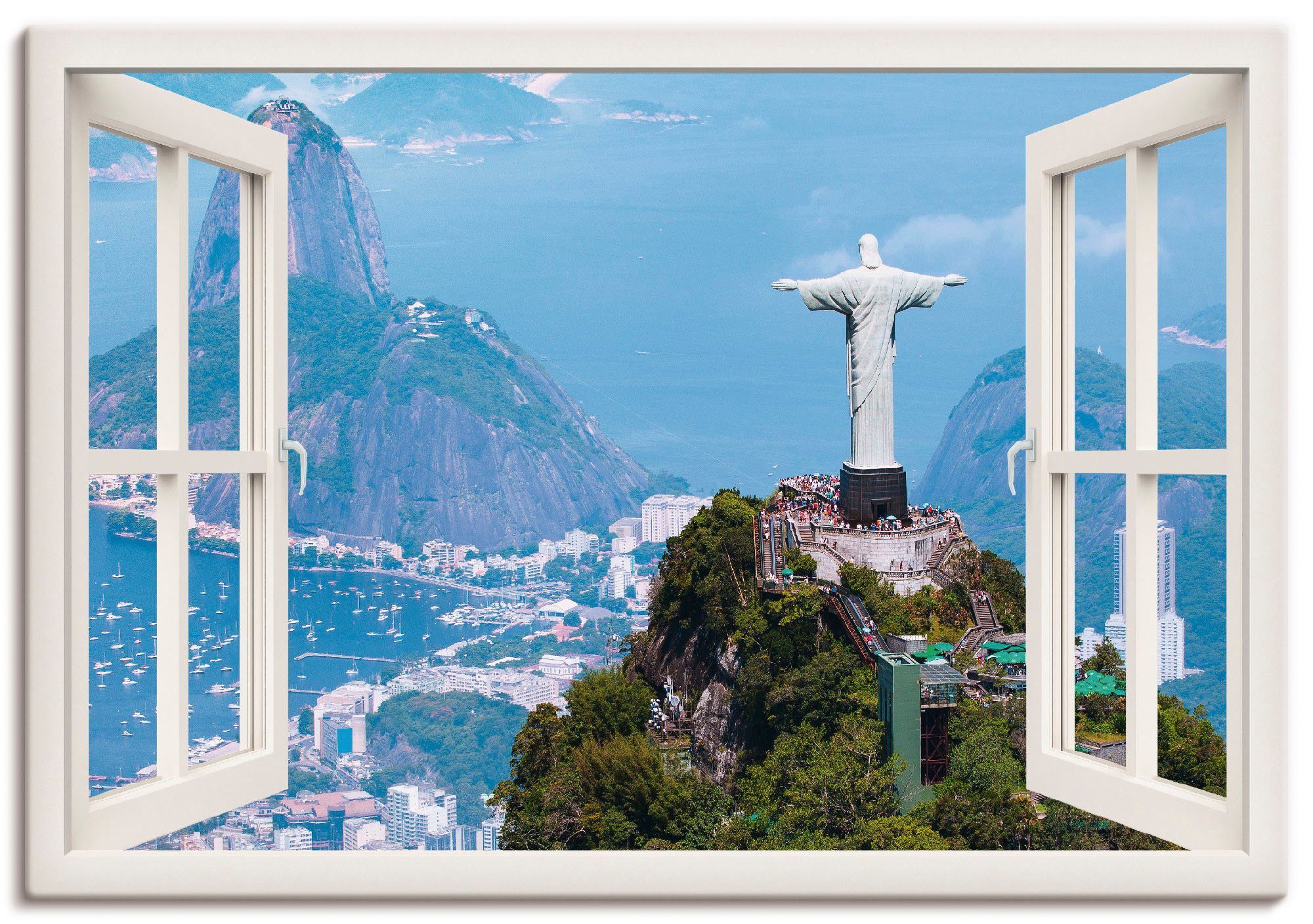 in Rio als Janeiro Wandaufkleber de St), Wandbild versch. oder Cristo, Leinwandbild, Poster Fensterblick Größen Gebäude mit Alubild, (1 Artland