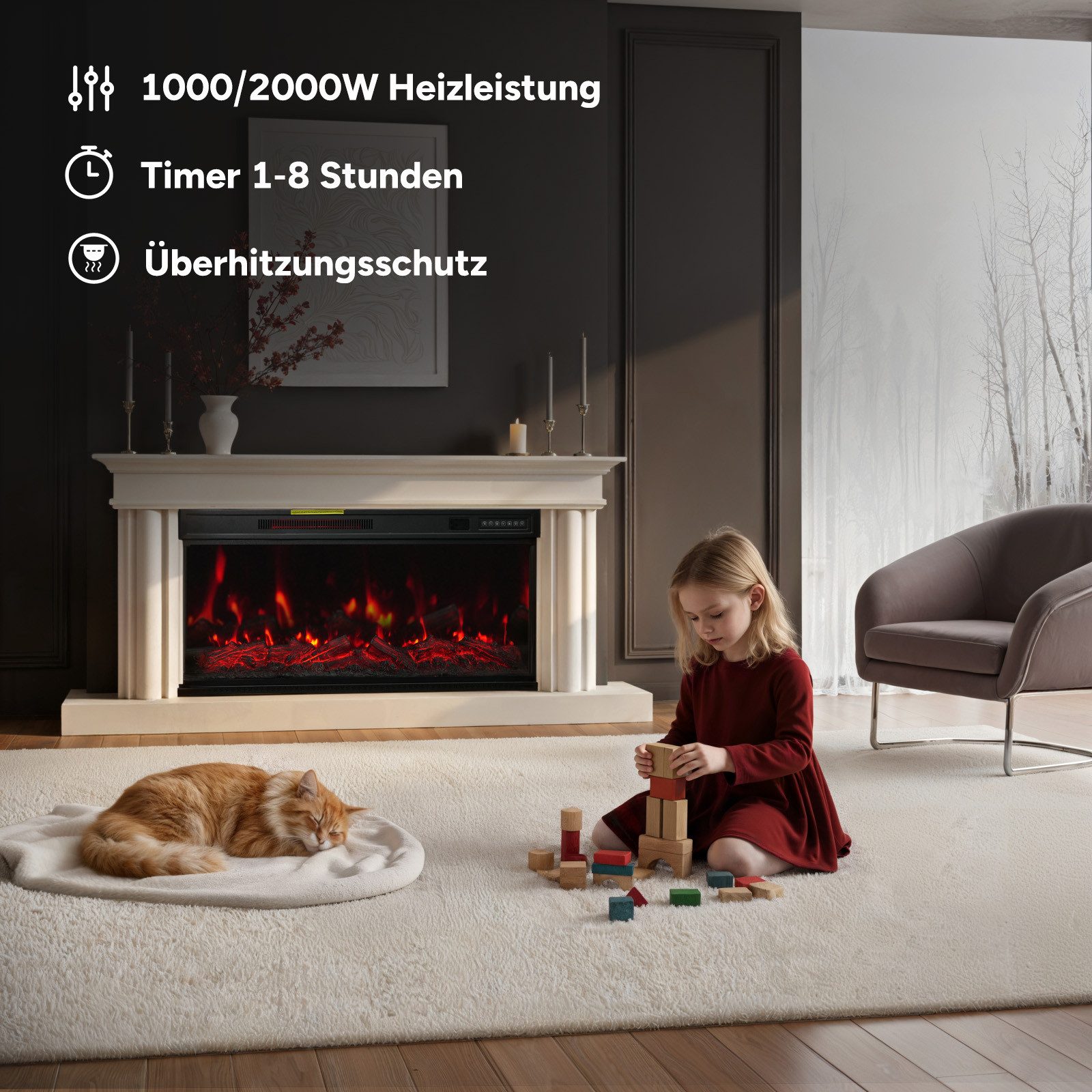 HOMAVO Elektrokamin mit 1000W/2000W Heizung, 12 3D-Flammenfarben, 36" - Stand, Einbaukamin / 50" - Wand, Einbaukamin, App-Steuerung – Bild 4 von 5