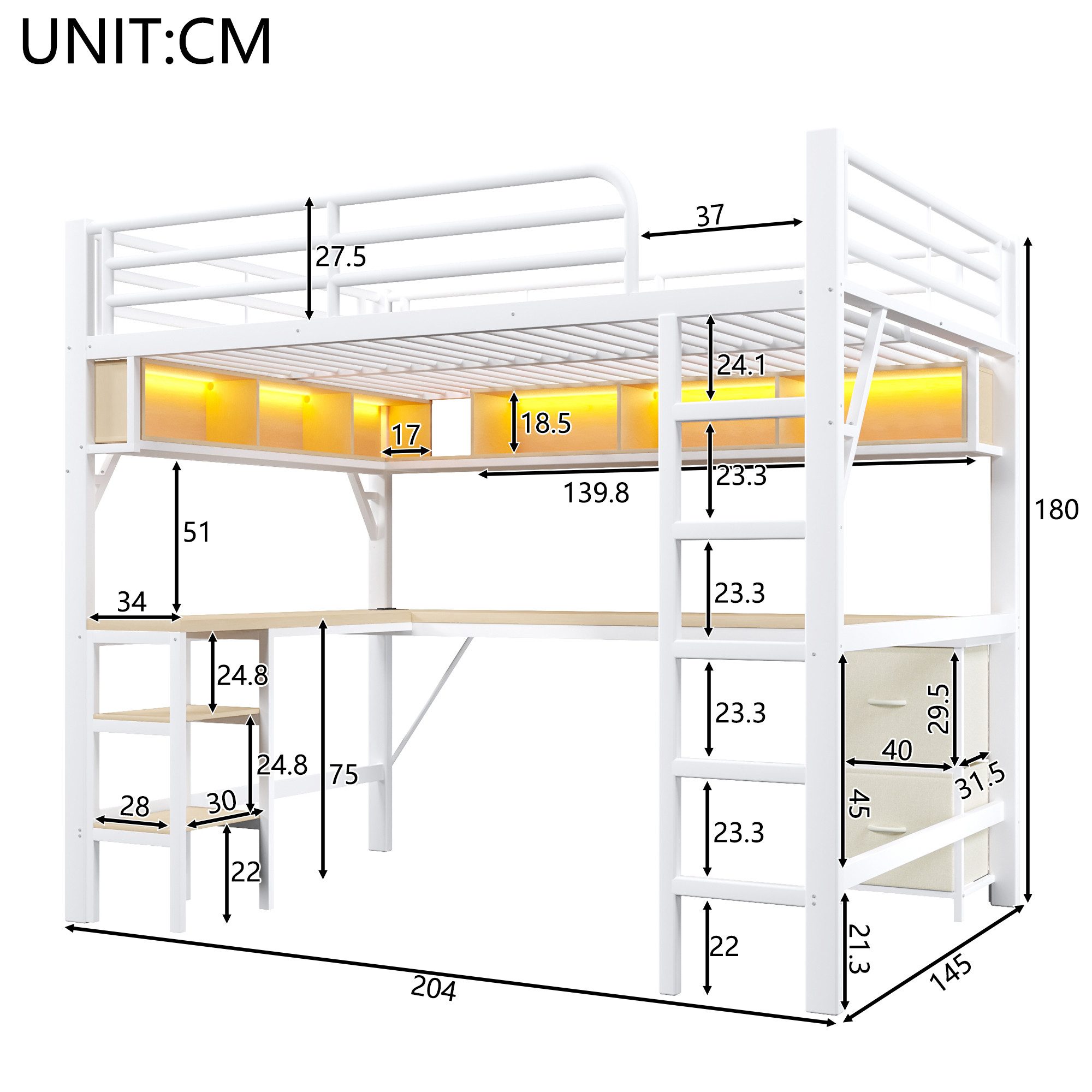 Merax Hochbett 140x200cm Metallbett mit LED-Beleuchtung & USB-Anschluss (1-St., Jugendbett Stockbett Einzelbett) Kinderbett mit Schreibtisch Bücherregal Ablagefächern Stauraum Leiter