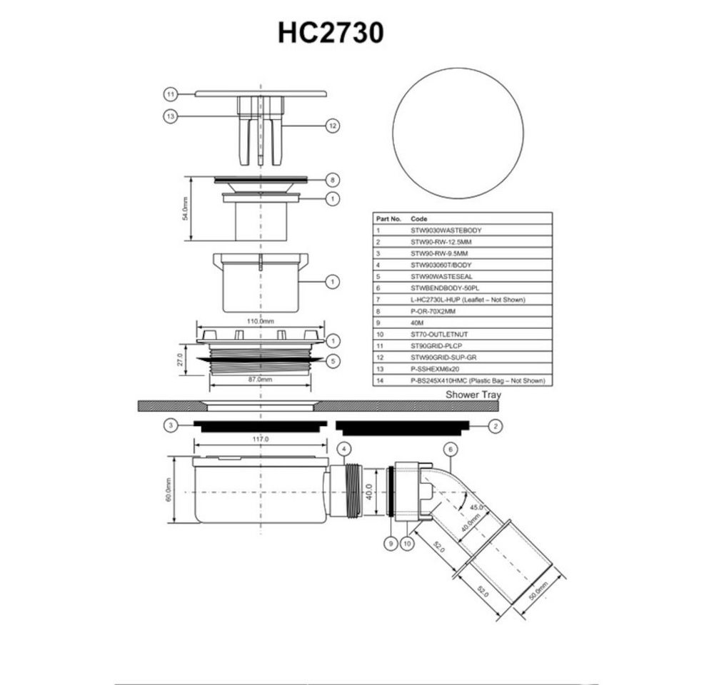 Thumbnail - McAlpine Duschablauf Ablaufgarnitur HC 30, 30 Liter/Minute, Bauhöhe: 63 mm, Abdeckung ABS-Chrom