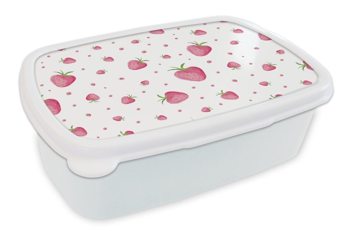 MuchoWow Lunchbox Erdbeere - Obst - Weiß, Kunststoff, (2-tlg), Brotbox für Kinder und Erwachsene, Brotdose, für Jungs und Mädchen