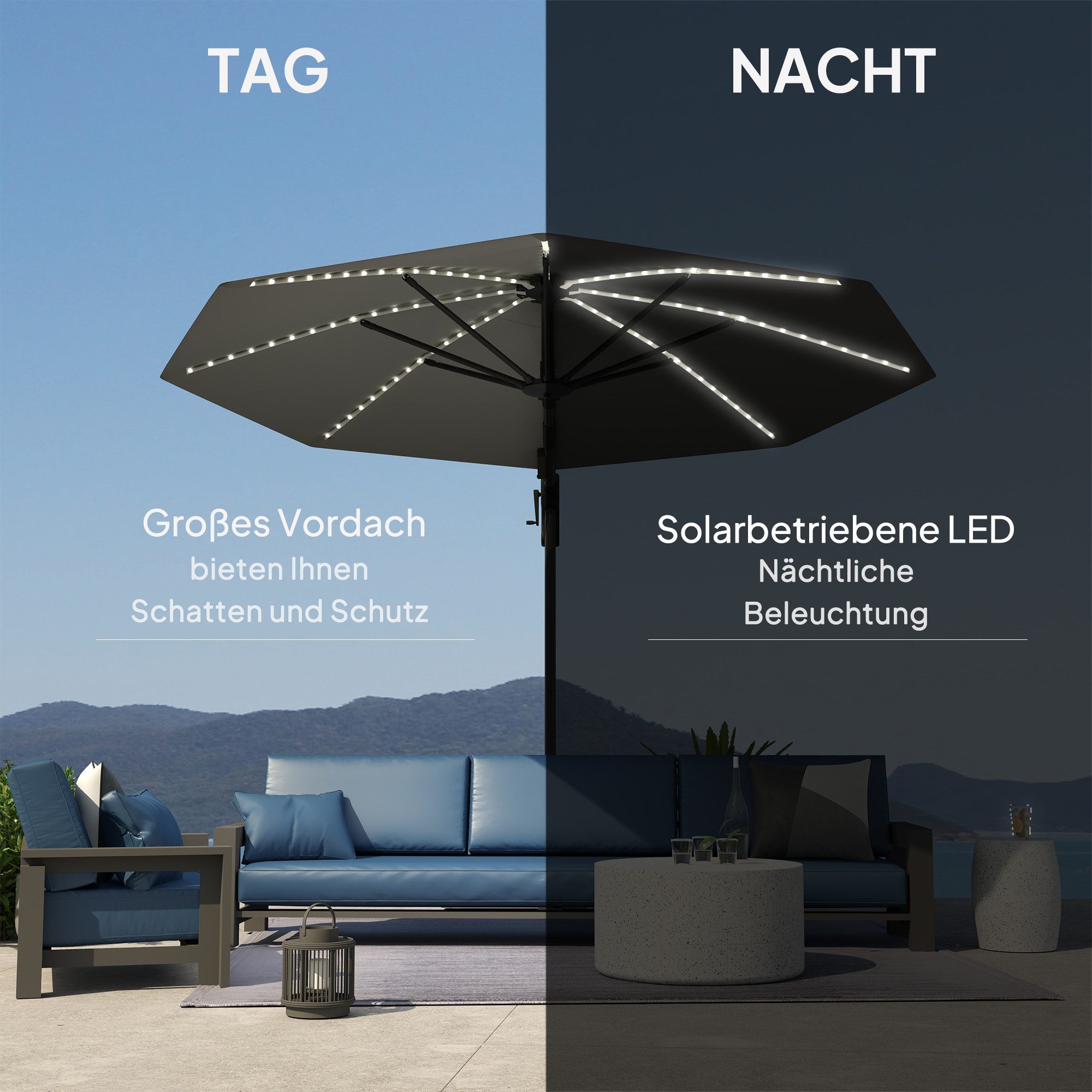 Outsunny Sonnenschirm mit Solar LED, Kurbel, Ständer, UV50+, 360° drehbar, LxB: 300x300 cm, Alu Ampelschirm, höhenverstellbar Marktschirm, Sonnenschutz für Garten, Balkon, Dunkelgrau