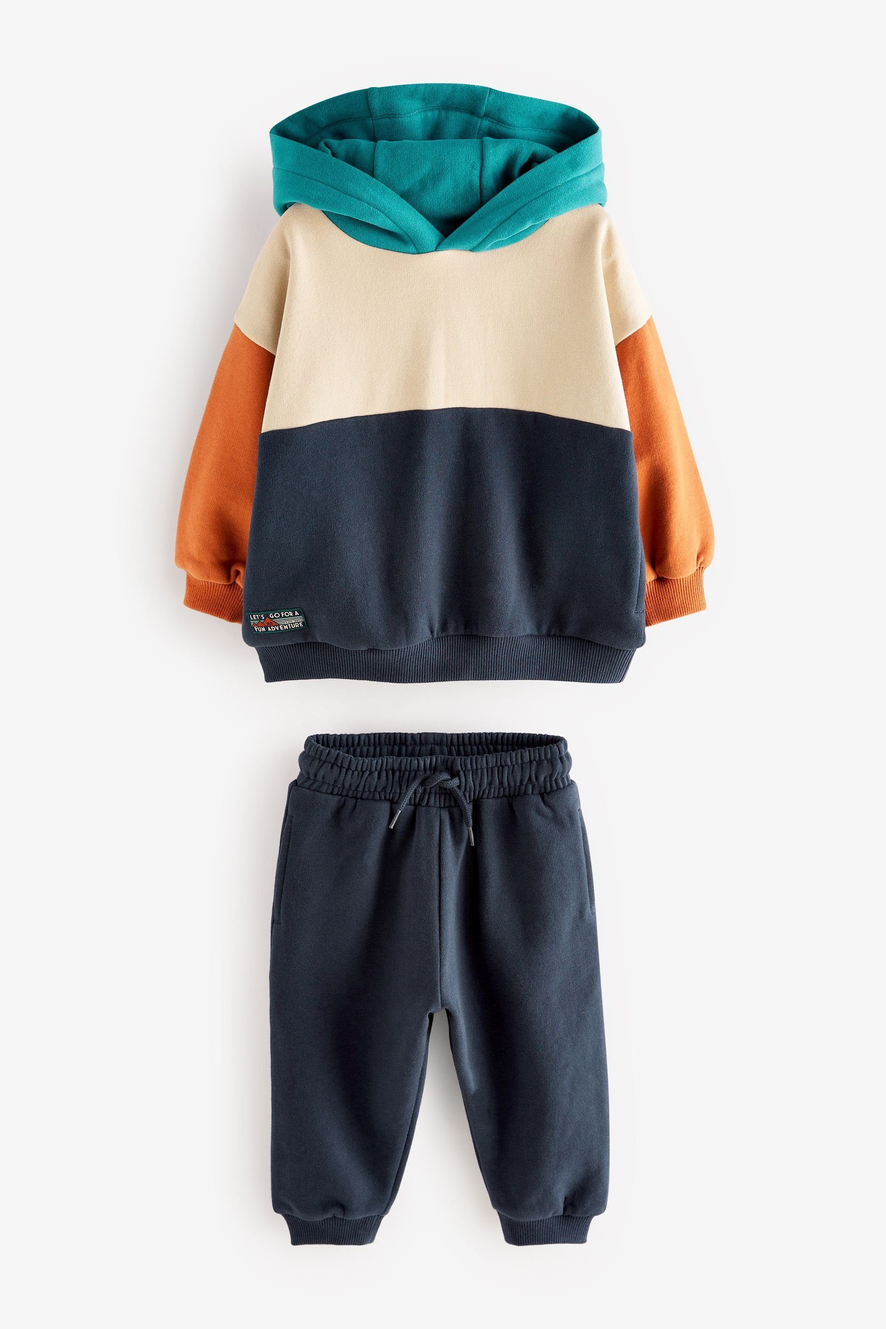 Next Sweatanzug Blockfarben-Kapuzensweatshirt und Jogginghose Brown Navy Blue/Tan (2-tlg)