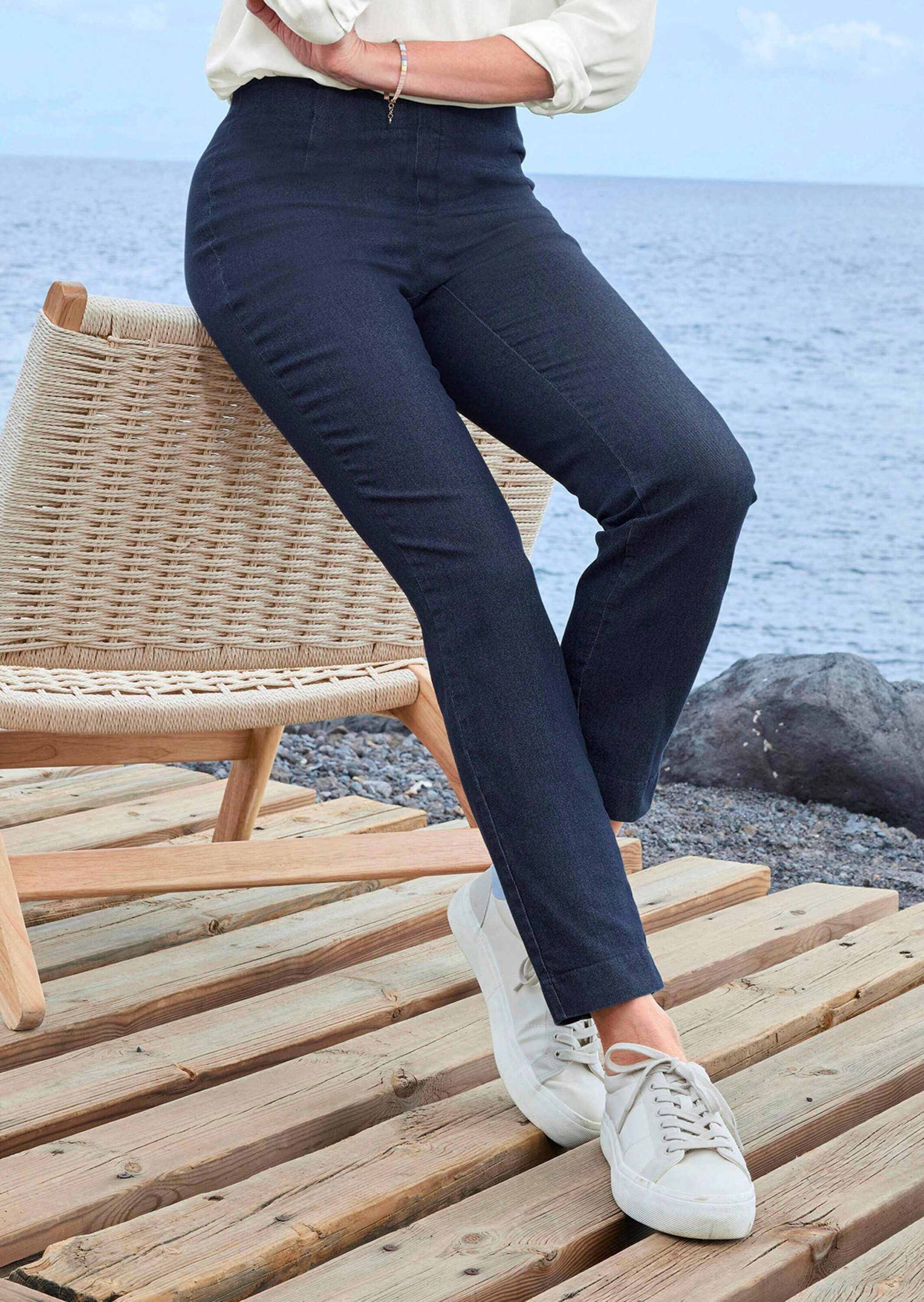 GOLDNER Stoffhose Jerseyhose mit Schlupfbund Stoffhose mit Reißverschluss-Optik und Knöchellänge