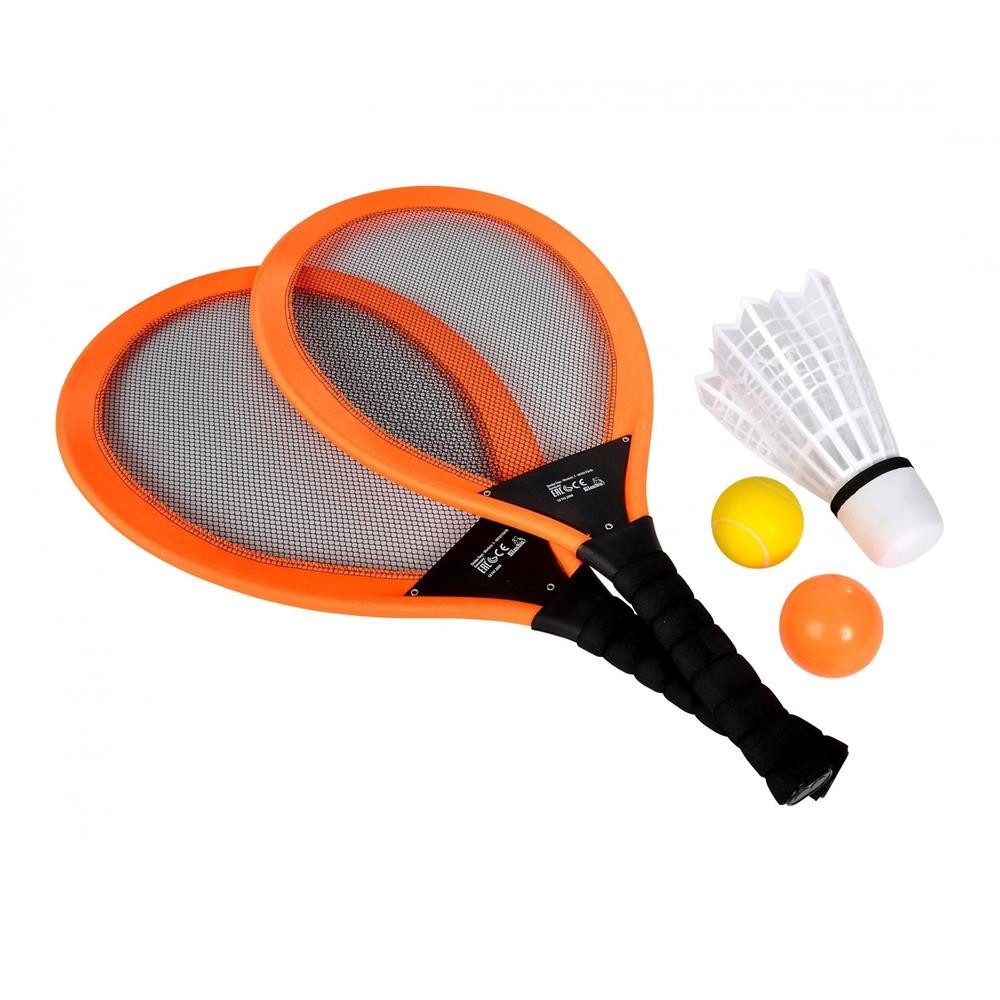 SIMBA Federballschläger Giant Badminton Set 5-teilig, 66 cm, ab 5 Jahren, (Badminton-Set, 2 Schläger, Softball, Kunststoffball und Federball), 2 Schläger, 3 Spielbälle, 66 cm, für drinnen und draußen