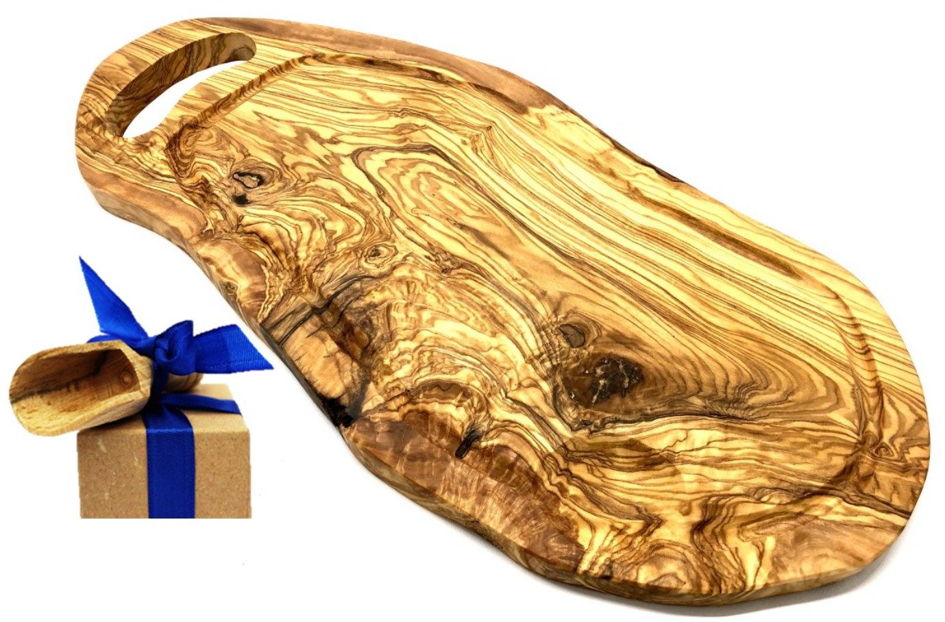 Olivenholz-erleben Tranchierbrett Steakbrett mit Saftrille und Grifflasche Olivenholz 45-49 cm, Massivholz, (Set, 1-St., 1x Steakbrett, plus Überraschung), die Saftrille fängt Flüssigkeit gezielt auf