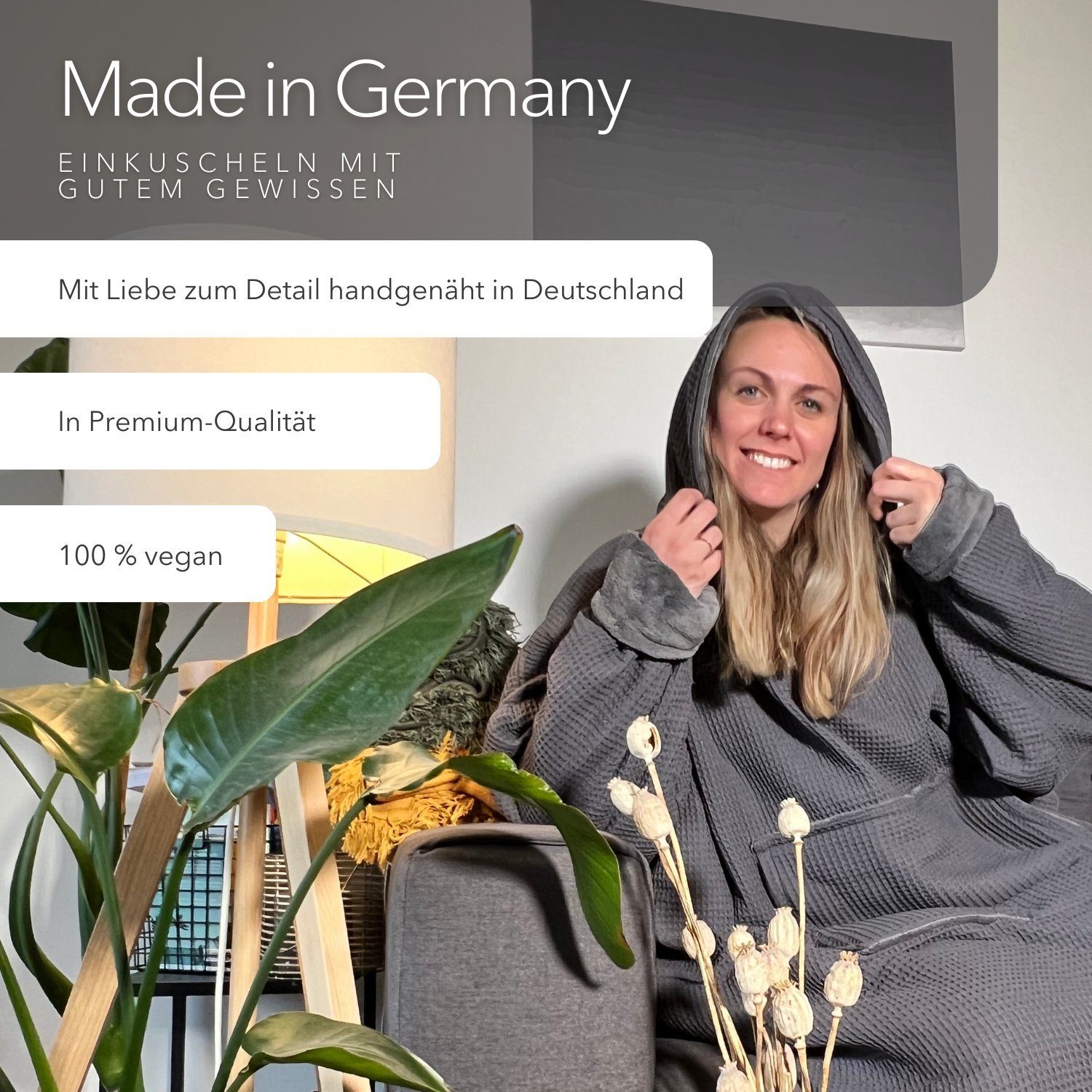 Wohndecke weicher Deckenhoodie, Kapuzendecke, blanketino, Dunkelgrau, hochwertiger in Made Germany Kuschelhoodie in