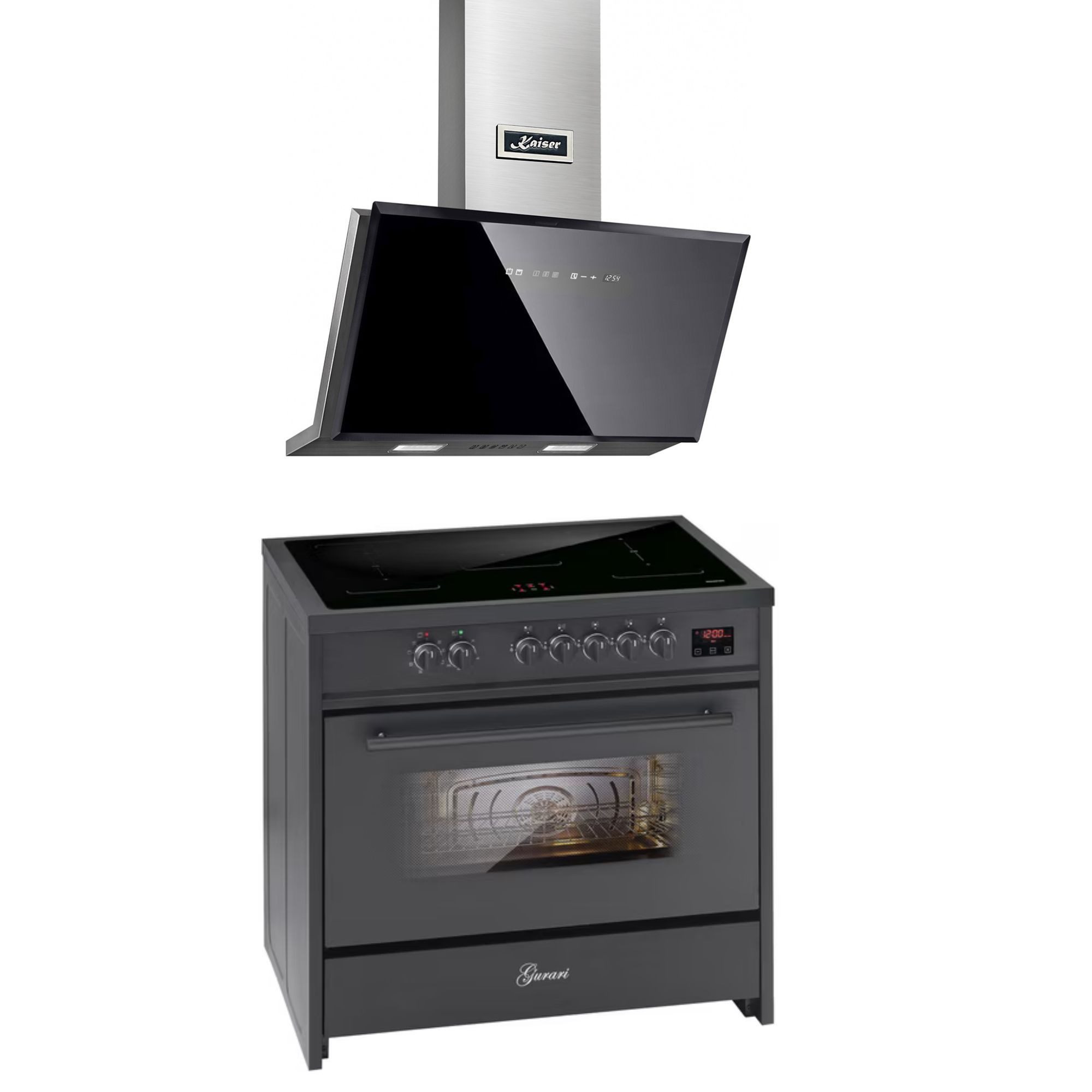 GURARI Induktions Herd-Set Induktionsherd 90 cm Standherd Schwarz, 5 Kochzonen, XXL Backofen 121L, Range Cooker,FLEX Zonen+ Luxus Dunstabzugshaube 90cm,TouchControl, Schwarz Glas,1250m³/h E 913 BL+AT 9430 F ECO, mit 1-fach-Teleskopauszug, Induktionsherd 90 cm+Dunstabzugshaube 90cm