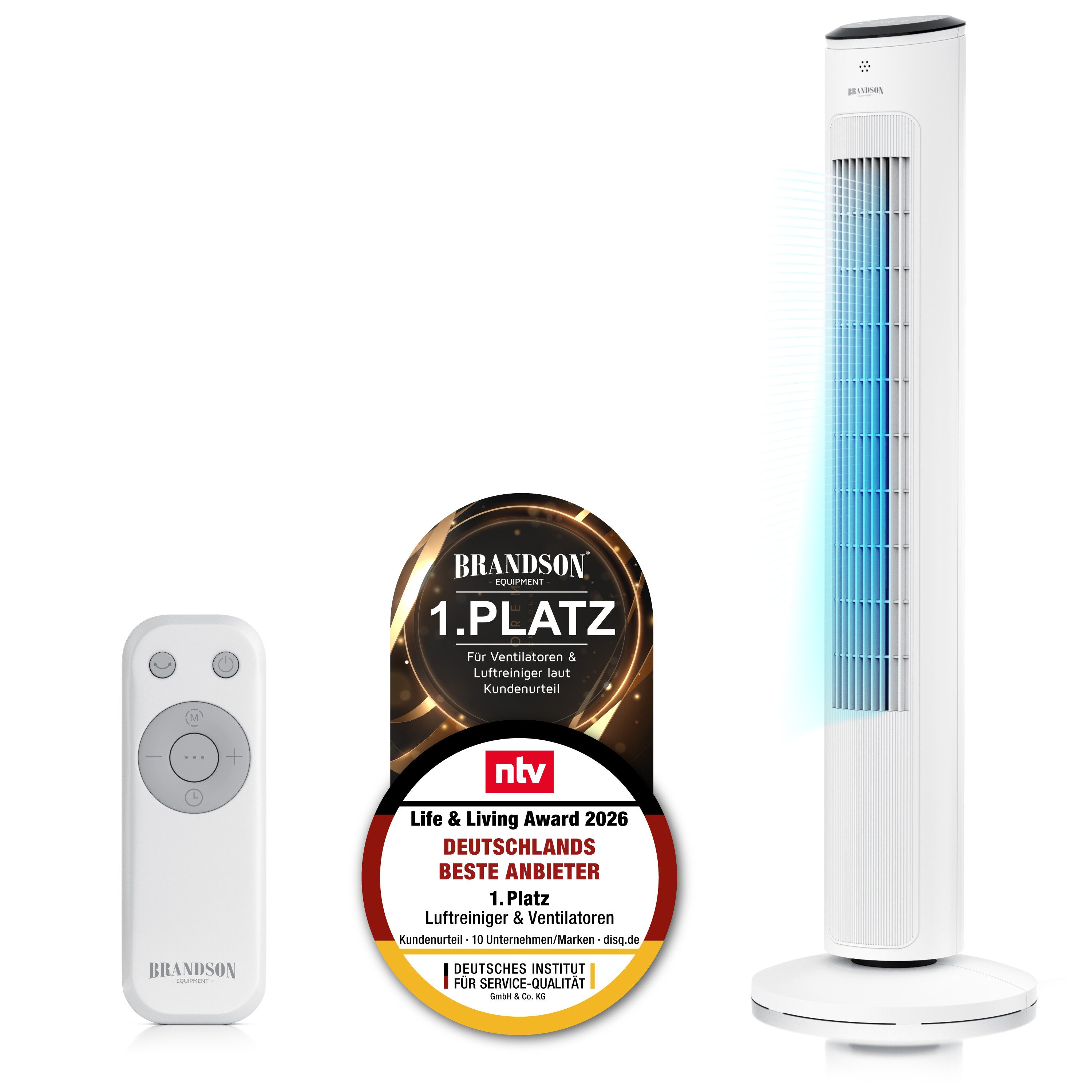 Brandson Turmventilator mit Fernbedienung, DC Motor, sehr leise, Schlaf Modus, Oszillation, Sieger Life&Living Award 2026, 12 Geschwindigkeitsstufen, Lüfter
