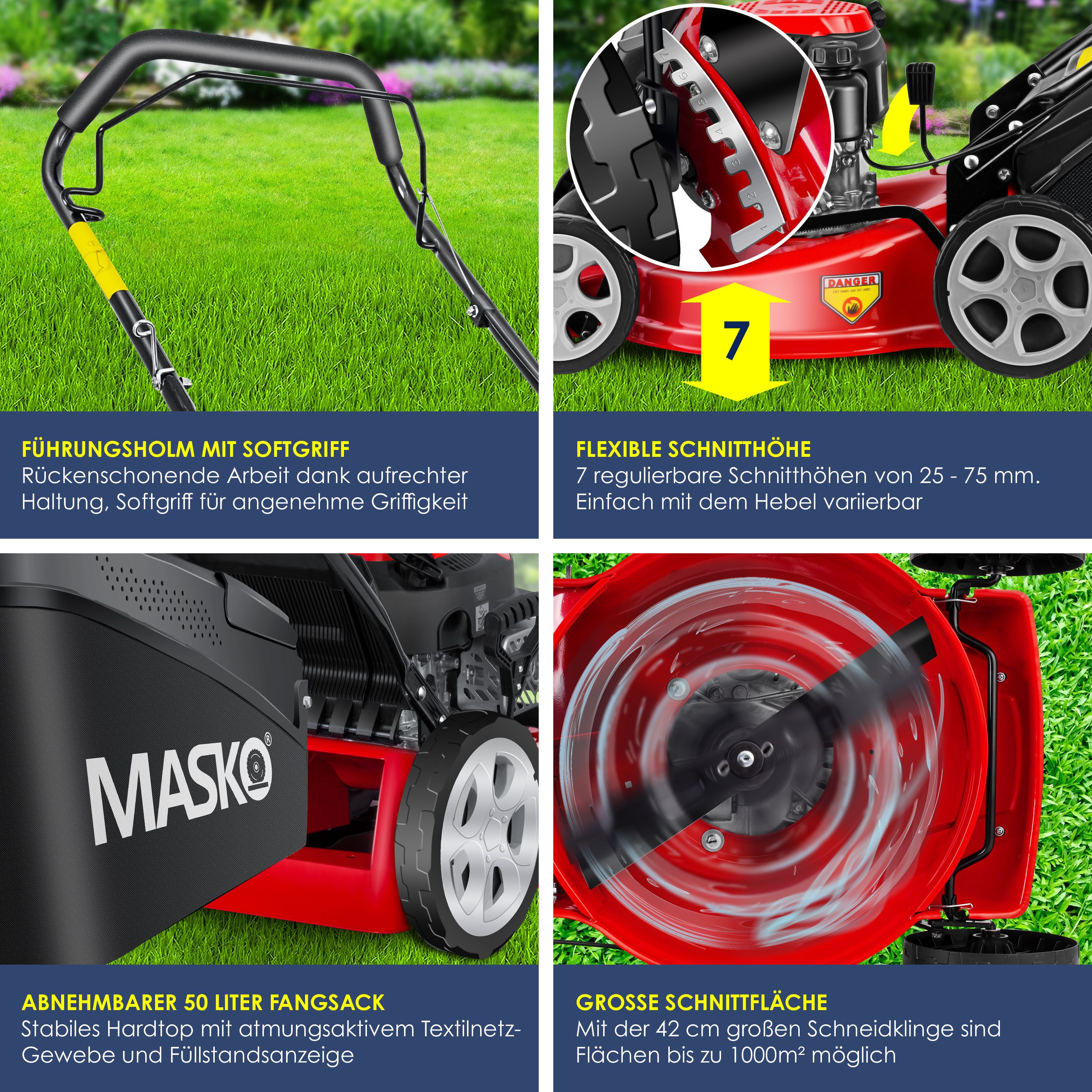 MASKO Benzinrasenmäher, 42 cm Schnittbreite, Rasenmäher mit Radantrieb, 4-Takt-Motor & Mulch-Funktion inkl Fangkorb