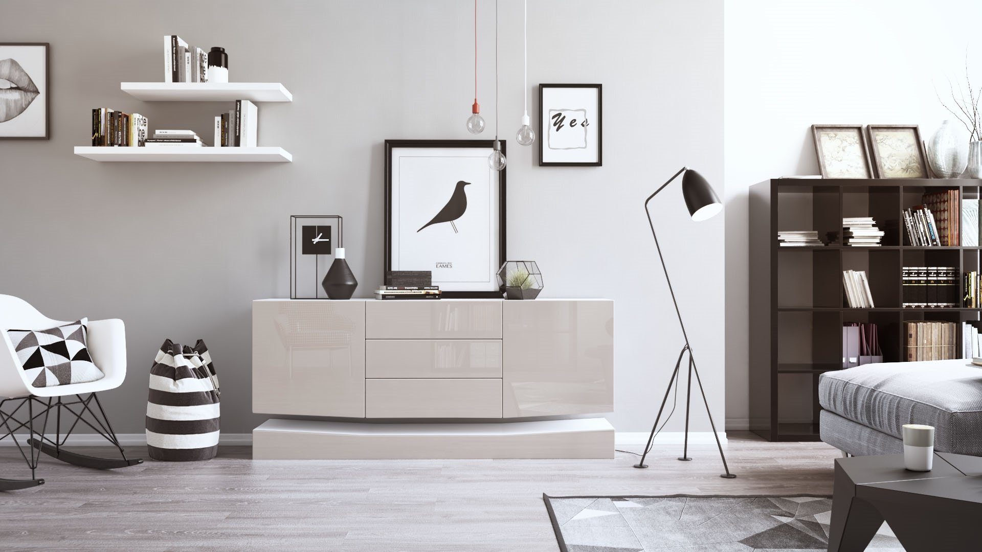 Vladon Sideboard City (Kommode, mit 2 Türen und 3 Schubladen), Weiß matt/Sandgrau Hochglanz (178 x 72 x 38 cm)