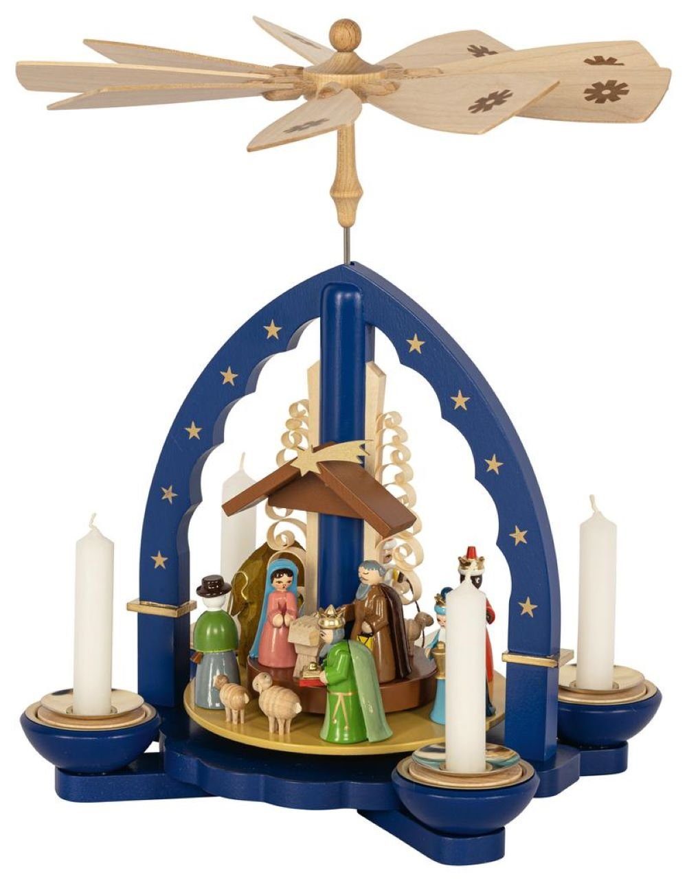 Richard Glaesser Weihnachtspyramide Heilige Drei Könige blau für Teelicht und Kerzen, Höhe 27 cm, Handwerkskunst aus dem Erzgebirge