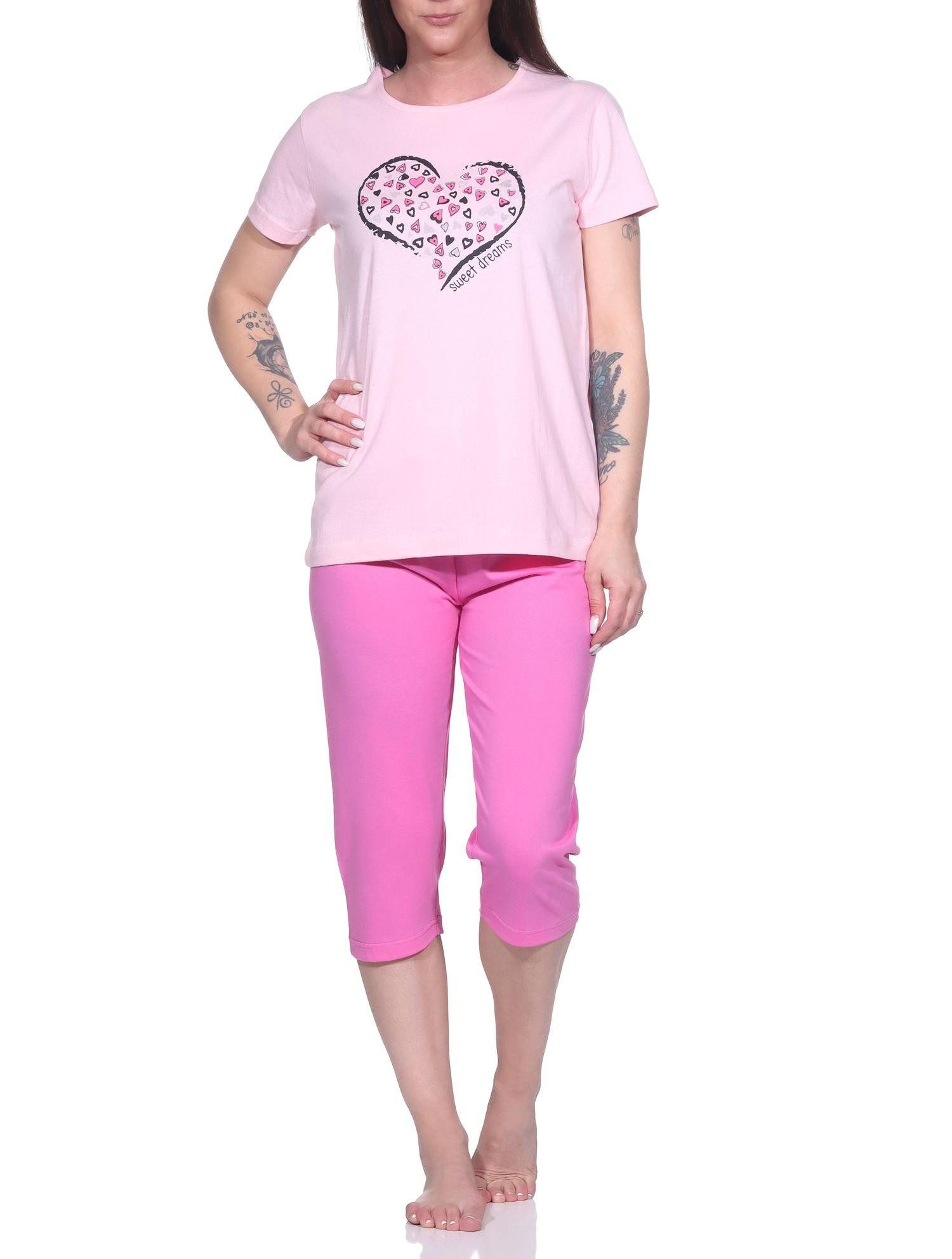Pyjama Damen Capri Schlafanzug, 3/4-Capri-Pyjama mit süßem Herzchen-Muster