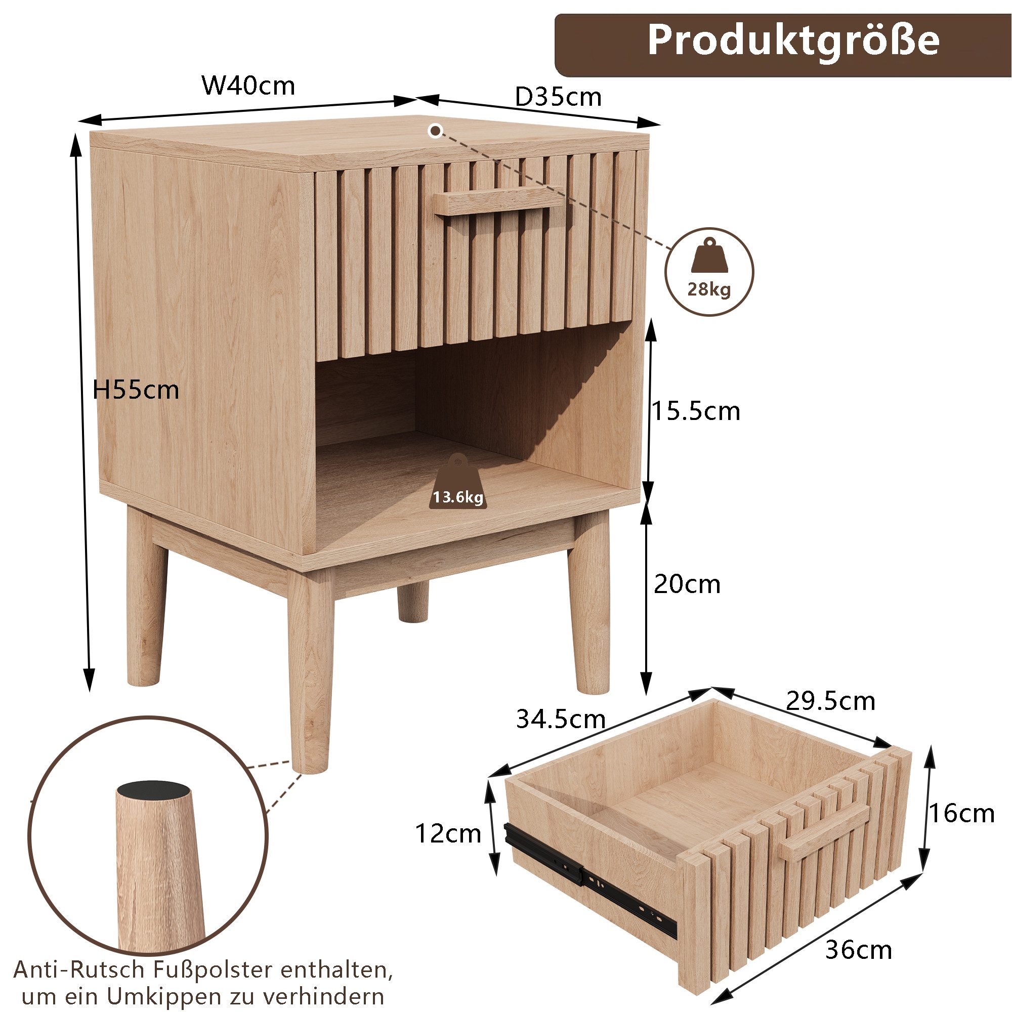 Simurq Nachttisch 2er Set Beistelltisch Nachtschrank mit 1 Schublade 1 offenes Fach (2-St., Boho Nachttisch Kommode Rillenmuster-Design), 40 x 35 x 55cm, für Sc – Bild 4 von 5