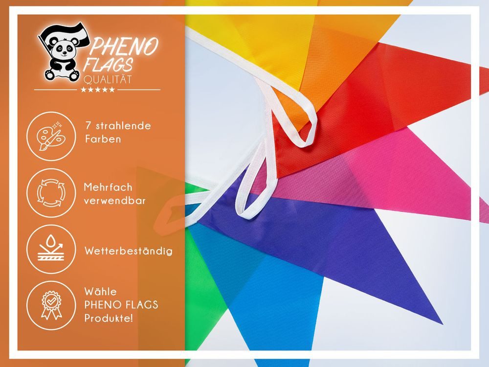 PHENO FLAGS Flagge Wimpelkette mit 7 Farben, 10m, wiederverwendbar