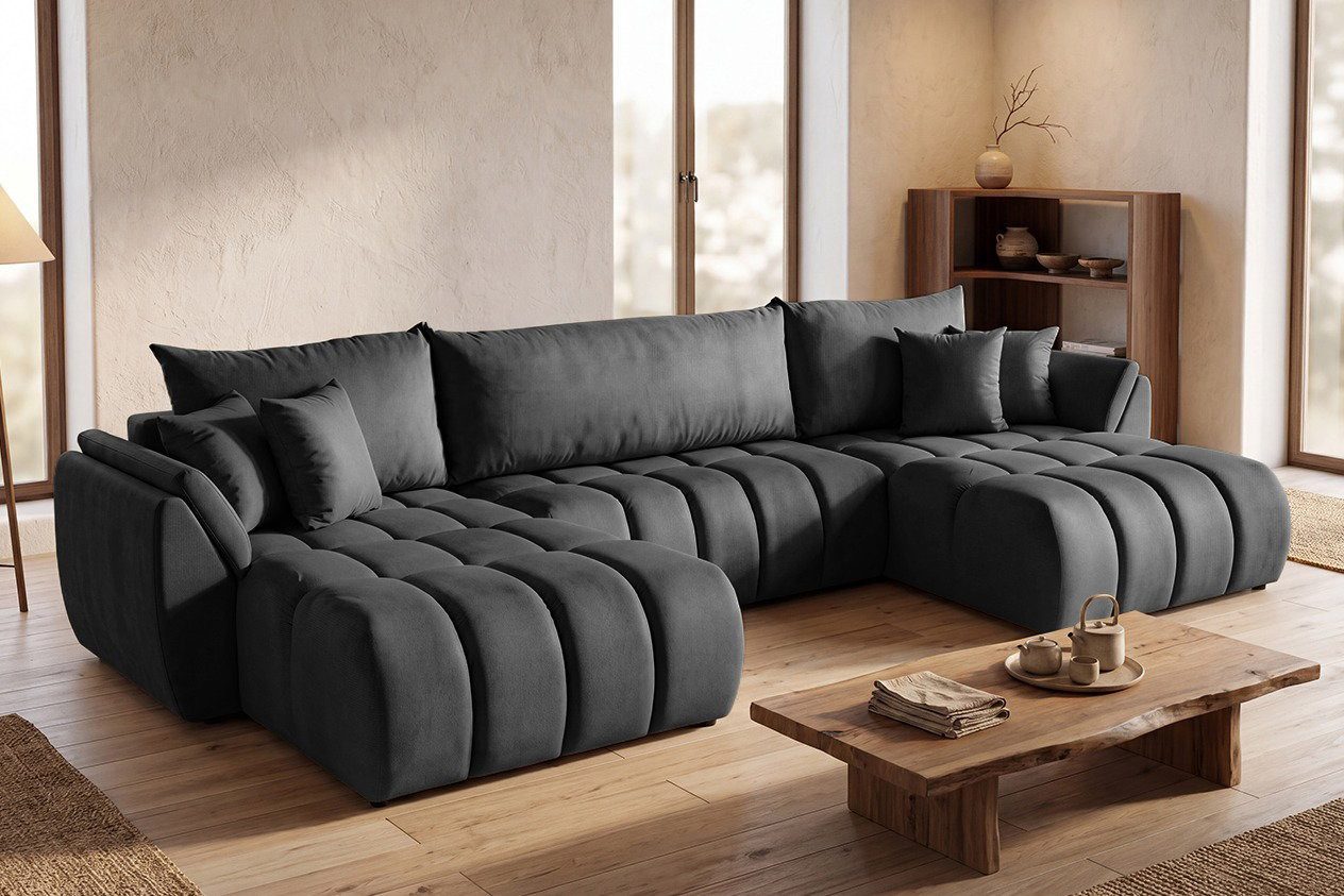 WFL GROUP Ecksofa Iris U mit Schlaffunktion & Bettkasten - U-Form, Schlafsofa mit Liegefläche 330 x 149 cm, hergestellt in Polen, U-Sofa 382 x 184 cm aus weichem Samt mit 3 Rückenkissen & 4 Dekokissen