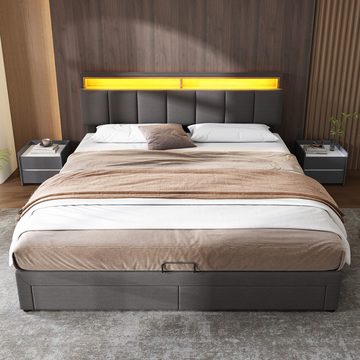 MODFU Polsterbett Doppelbett (mit LED-Beleuchtung,Hydraulisch Stauraumbett, 160x200 cm Ohne Matratze), Verstaubares Kopfteil aus Schaum,Doppelbett aus Stahlrahmen