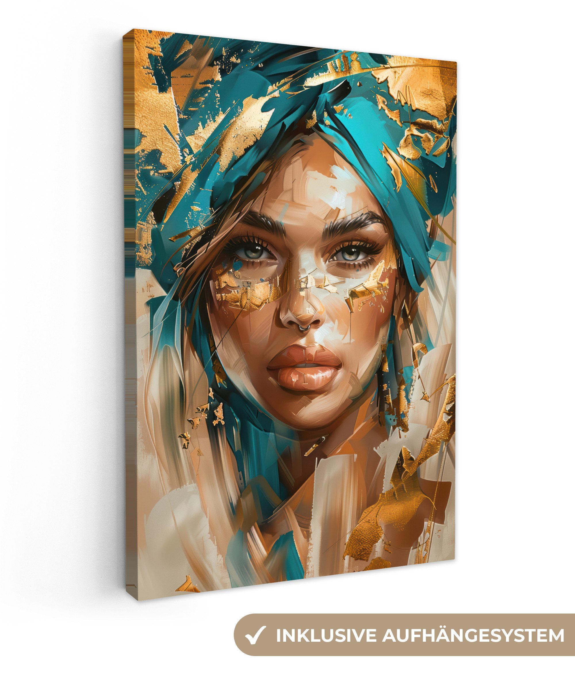 OneMillionCanvasses® Leinwandbild Frau - Porträt - Gold - Luxus - Blau, Fotodruck (1 St), Leinwand Canvas Wandbild, Wanddekoration 20x30 cm