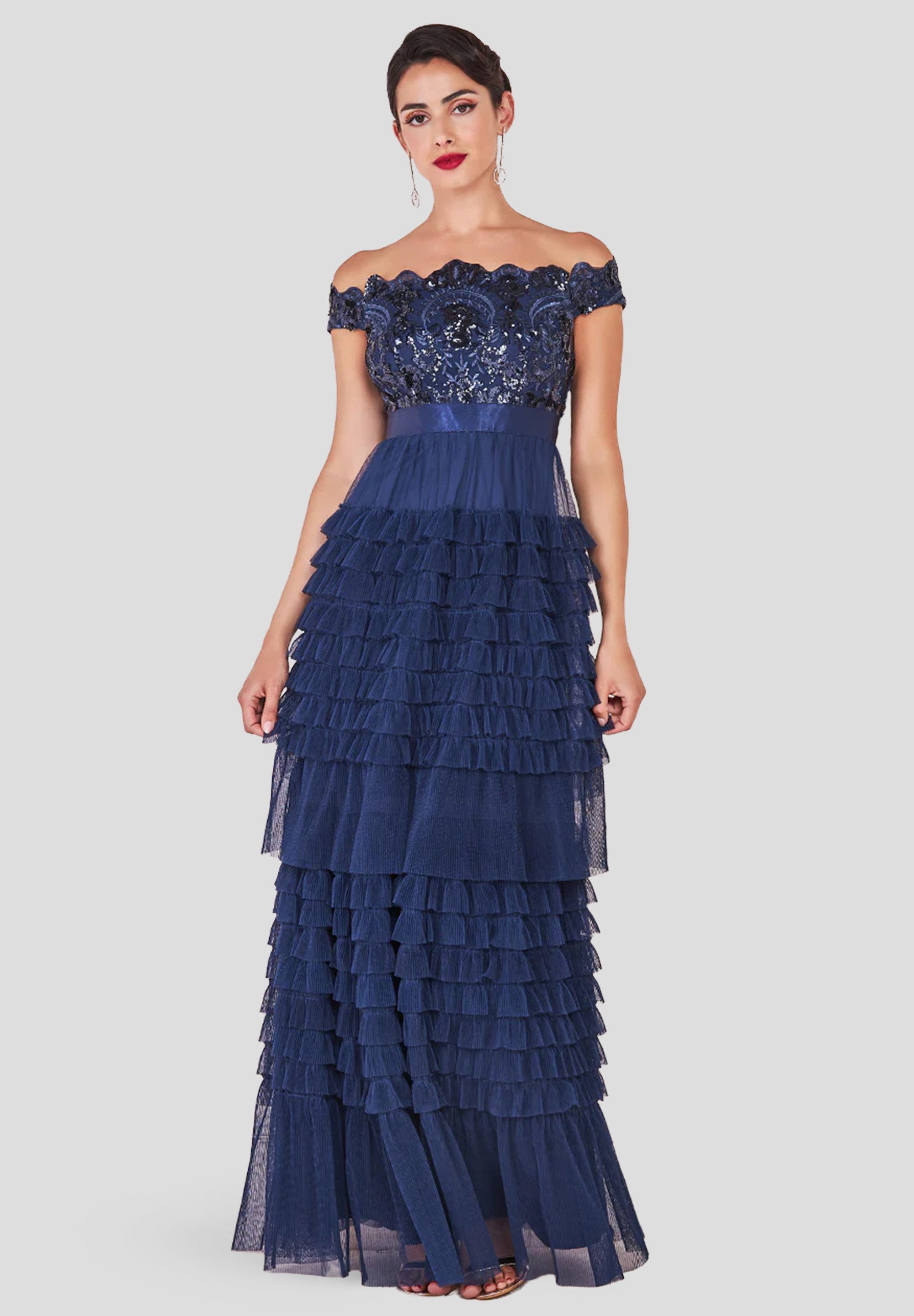 Goddiva Maxikleid Scallop Bardot Ruffle Mesh Maxi langes Kleid günstig online kaufen