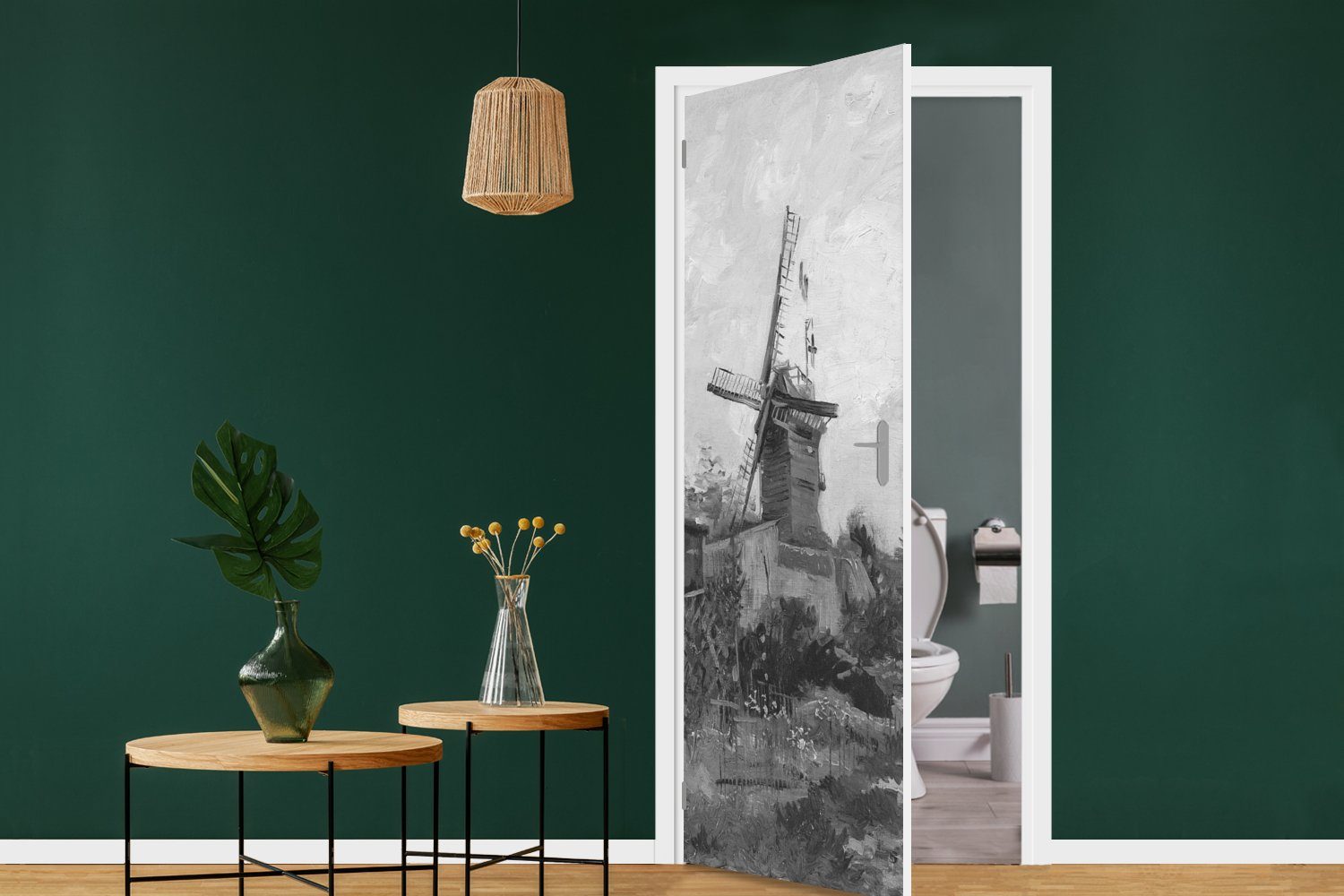 Tür, - für Türtapete weiß, St), (1 MuchoWow van cm bedruckt, Fototapete Galette und la Türaufkleber, Schwarz Vincent de 75x205 Matt, - Moulin Gogh