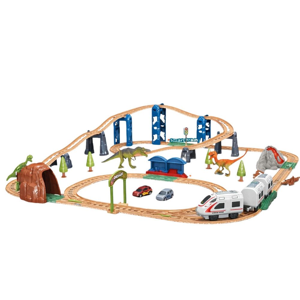 LEAN TOYS Spielzeug-Eisenbahn Kindereisenbahn Schienenset Dinosaurierabenteuer, (Spar-Set, 1-tlg., 95 x 85 cm interaktiv), Licht- & Soundeffekte, 2 Fahrmodi, Dinopark