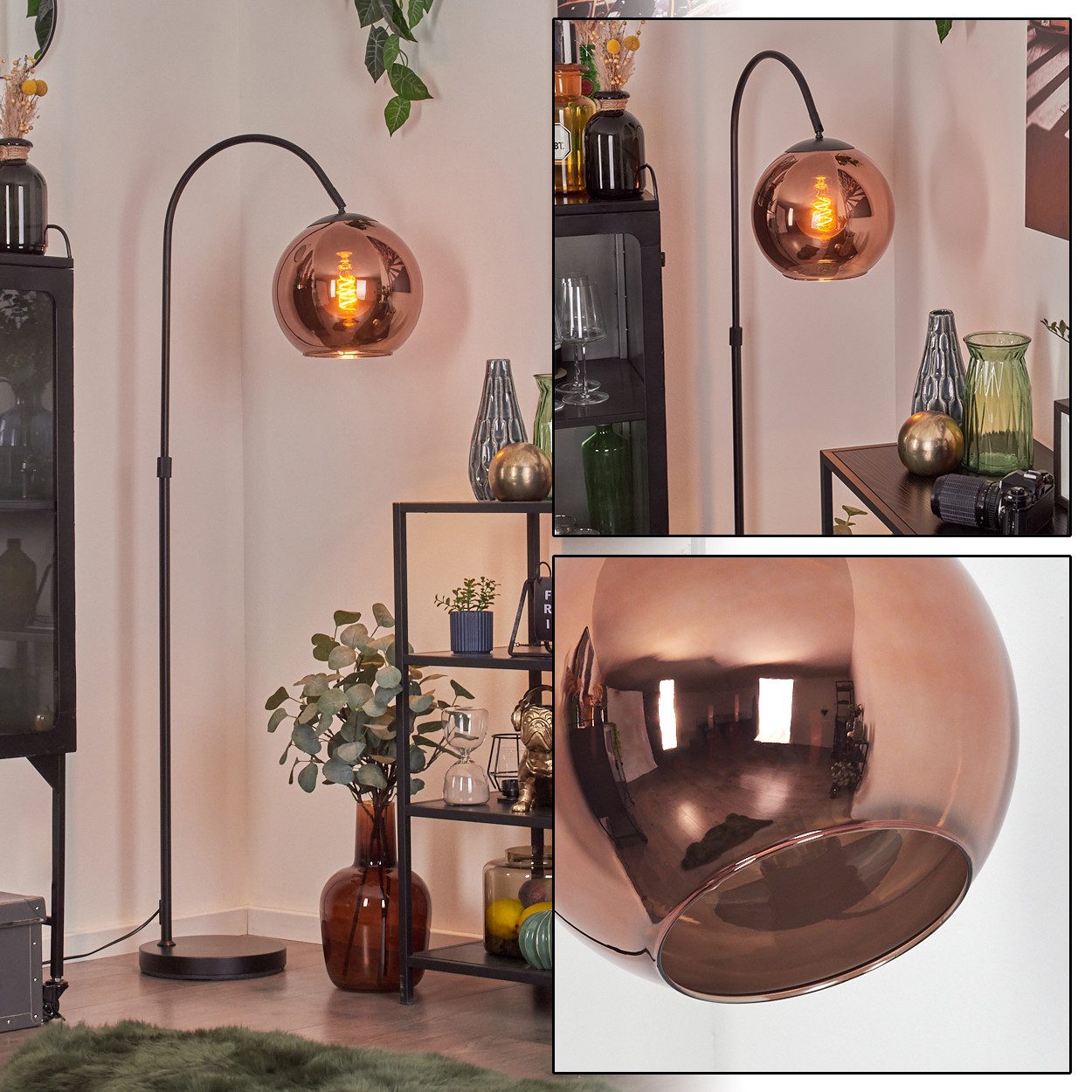 hofstein Bogenlampe Stehlampe aus Metall/Glas in Schwarz/Kupferfarben, ohne Leuchtmittel, moderne Retro Leuchte mit Glasschirmen (25 cm) u. Fußschalter, 1xE27