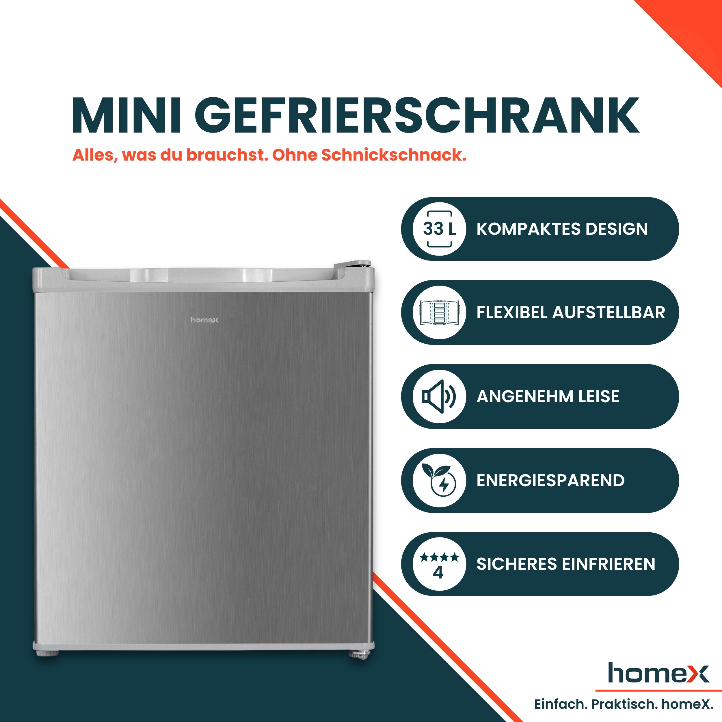 homeX Gefrierschrank FM1015-S, 51 cm hoch, 44 cm breit, Mini Gefriertruhe, Tiefkühlschrank klein, Gefrierbox, Freezer, 33 L