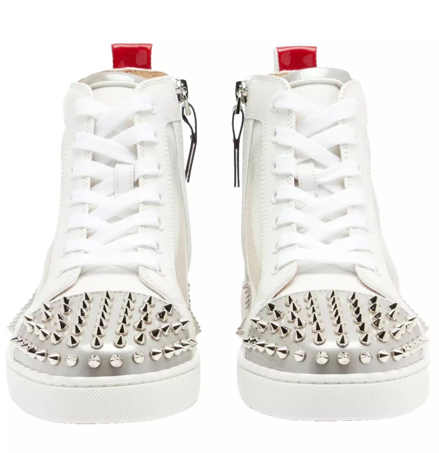 CHRISTIAN LOUBOUTIN Sosoxy Spikes Sneakers Обувь mit gestreifte Socken Sneakerboots PVC, Leder, Mesh, Rote Lackleder, silberne Spikes