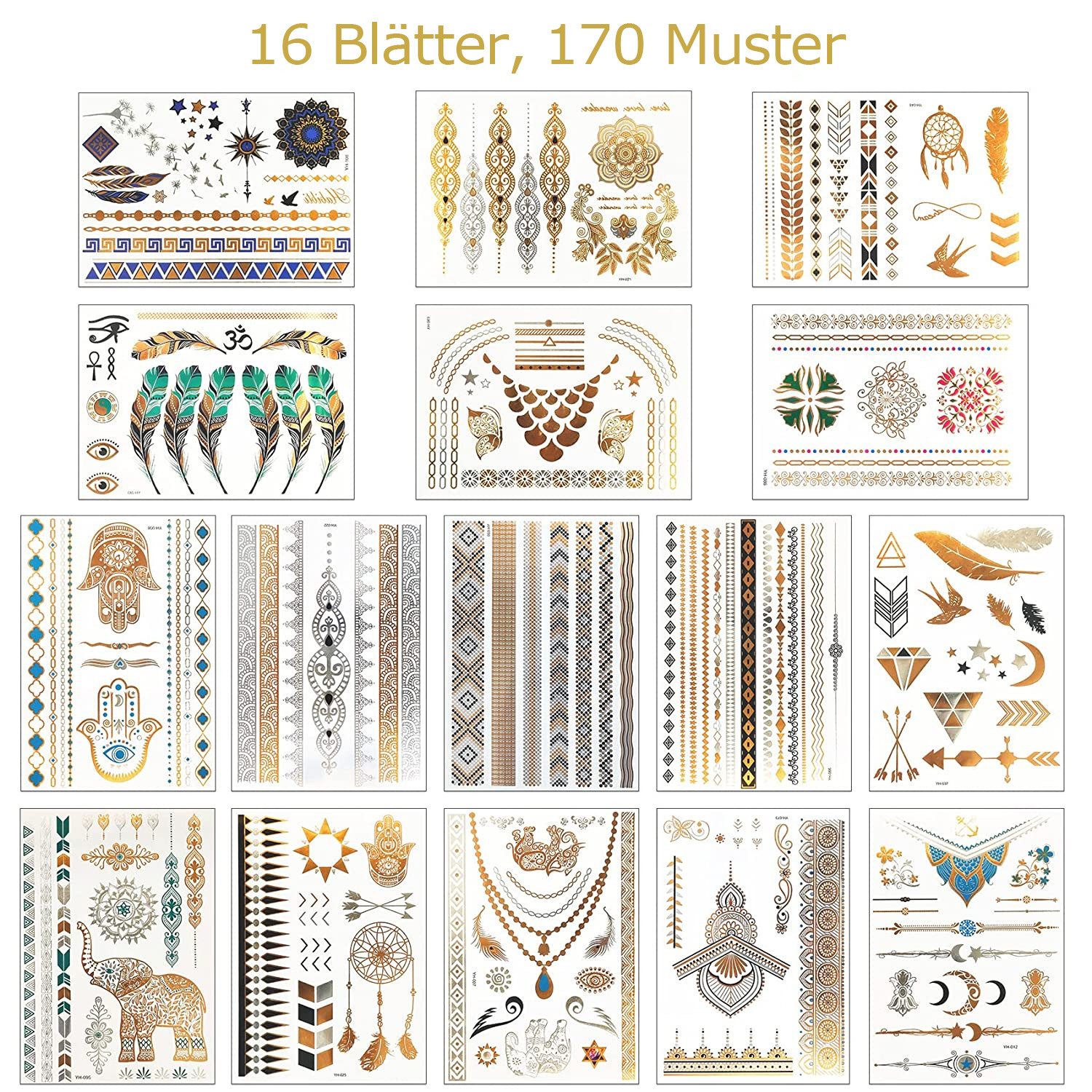 TUWENA Schmuck-Tattoo Tattoo Temporäre Metallic Flash Wasserdichte Klebetattoo 16 Blätter, 16-tlg., für Festival und Party Accessoire