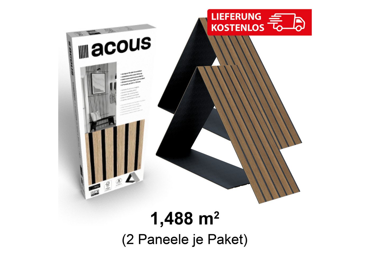 Thumbnail - acous 3D Wandpaneel Akustikpaneel Compact FSC® Premium Echtholzfurier, BxL: 30,50x244,00 cm, 0,74 qm, (Packung, 2 Paneel...