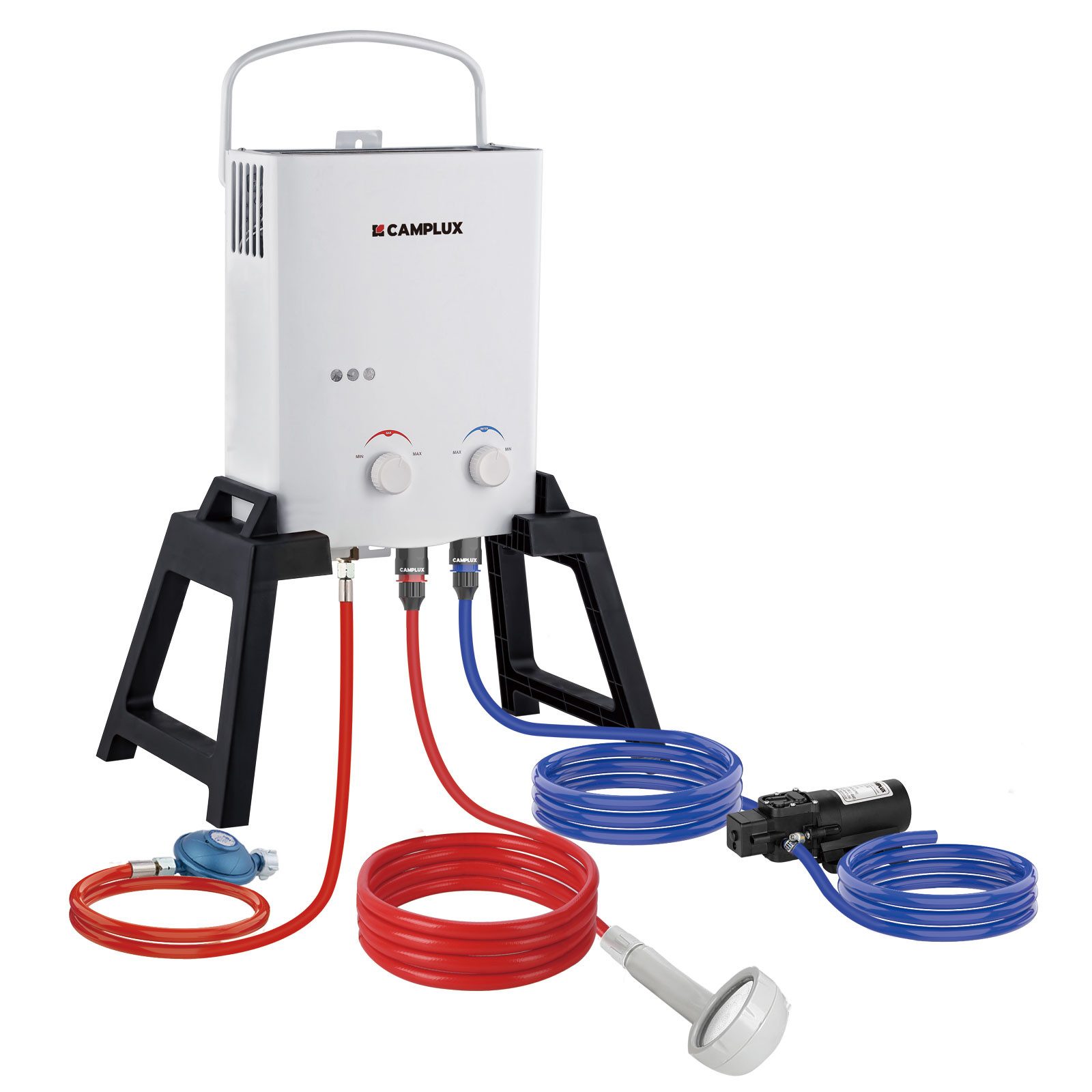 CAMPLUX Durchlauferhitzer mit Stütz & Wasserpumpe & 350 cm Duschset & Tragetasche, mit Stütz, min. 10 °C, max. 65 °C, 5L Gasdurchlauferhitzer Sofort Heizung Campingdusche