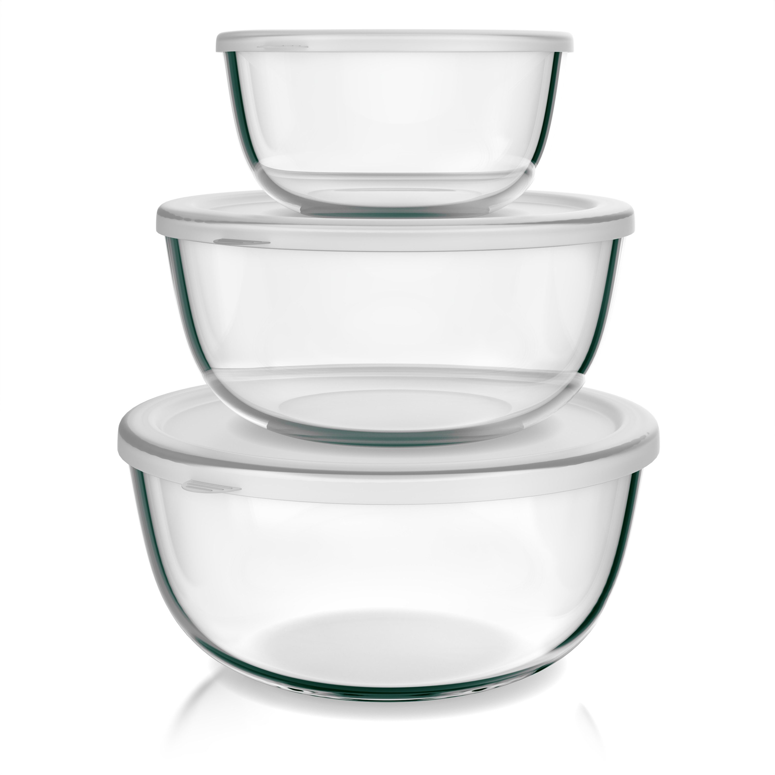 Arendo Salatschüssel 3er Set mit Deckel, Glasschüssel 1,1L / 2,7L / 4,4L, Glas Rührschüssel, Glas, (Set, 3-tlg), Glasschale, BPA-frei, Spülmaschinen und Mikrowellen geeignet