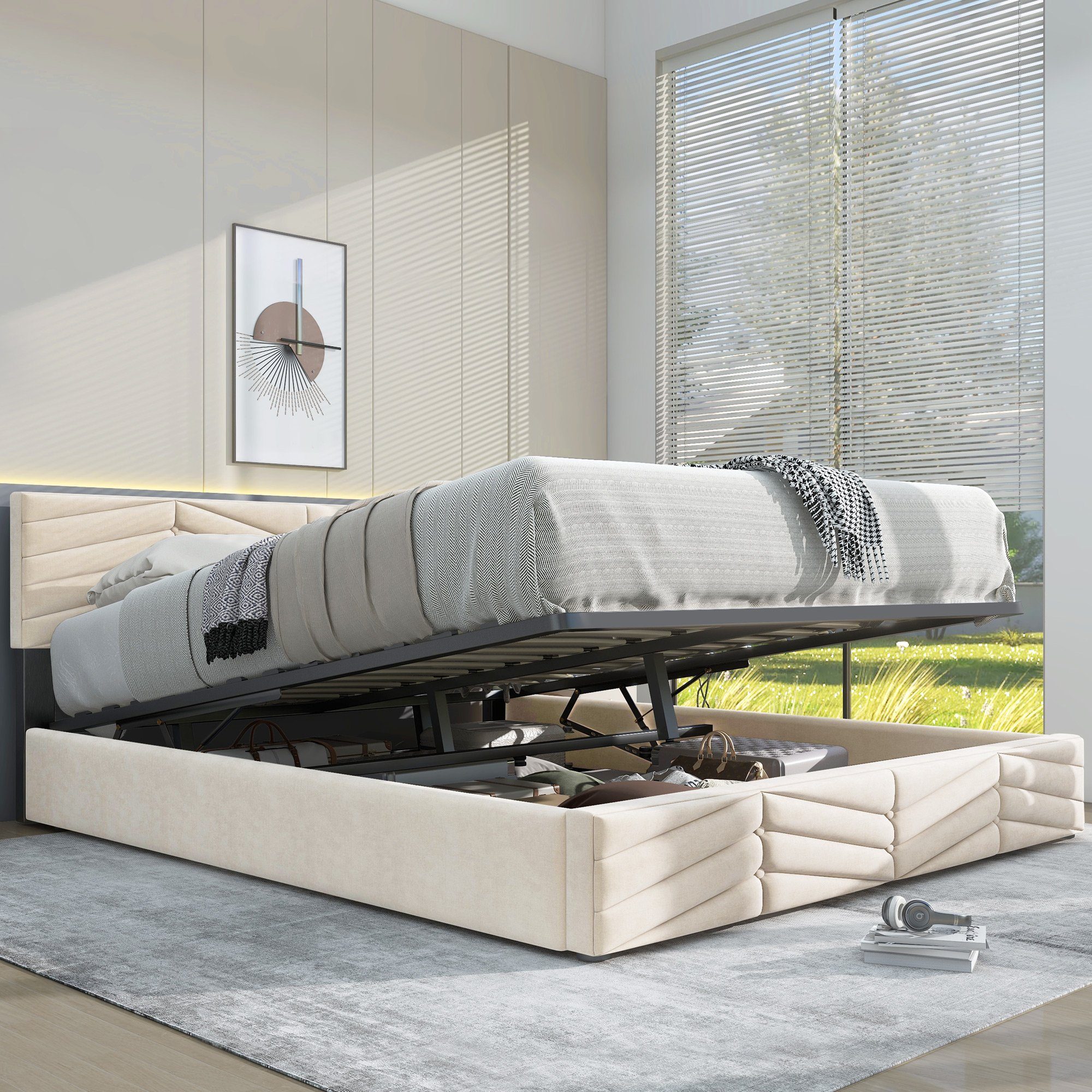 Bettkasten, SOFTWEARY Kopfteil gepolsterter höhenverstellbar, (Doppelbett 140x200 aus und beige Lattenrost mit Bezug Polsterbett Samt cm),