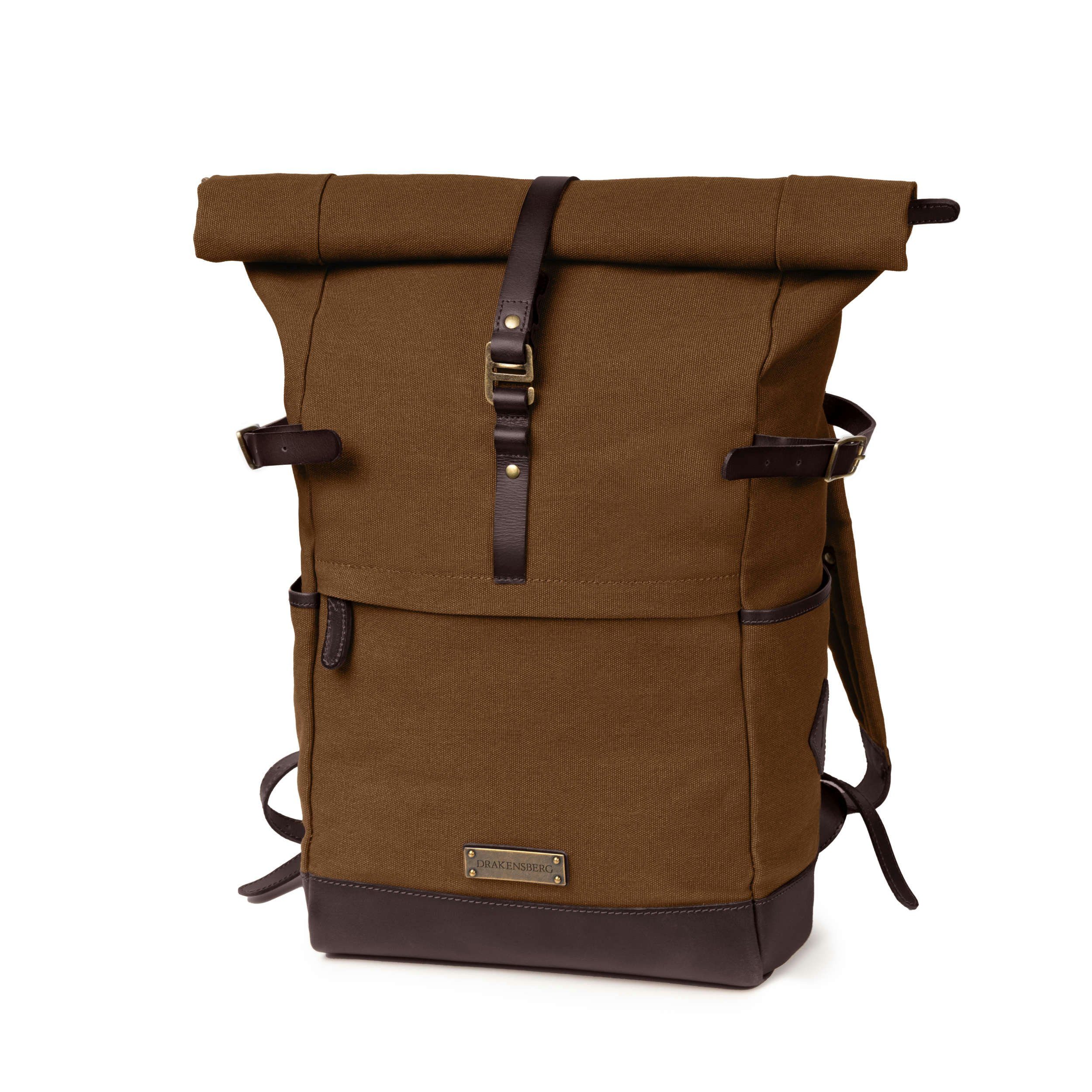 »Wyatt« Umbra-Braun, Laptopfach markanter 15" DRAKENSBERG Rucksack Roll-Top mit Cityrucksack Canvas aus und Leder Herren