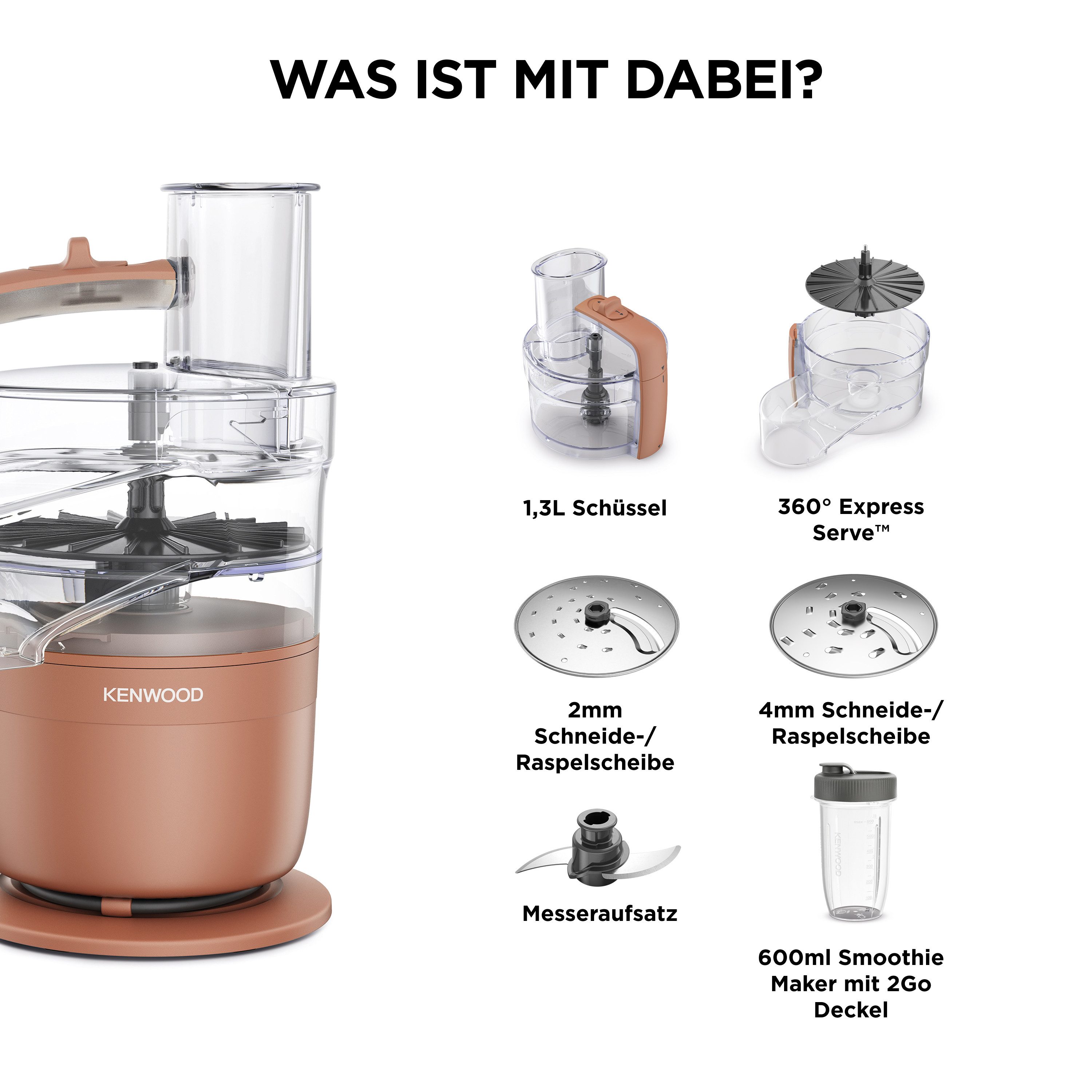 KENWOOD Küchenmaschine FDP23.380RD - Multipro Go, Express-Serve, 1,3 l Behälter, 900W, Rot, 900 W, 1,3 l Schüssel, Für Smoothies, zum Schneiden, Reiben, Püriere – Bild 5 von 5