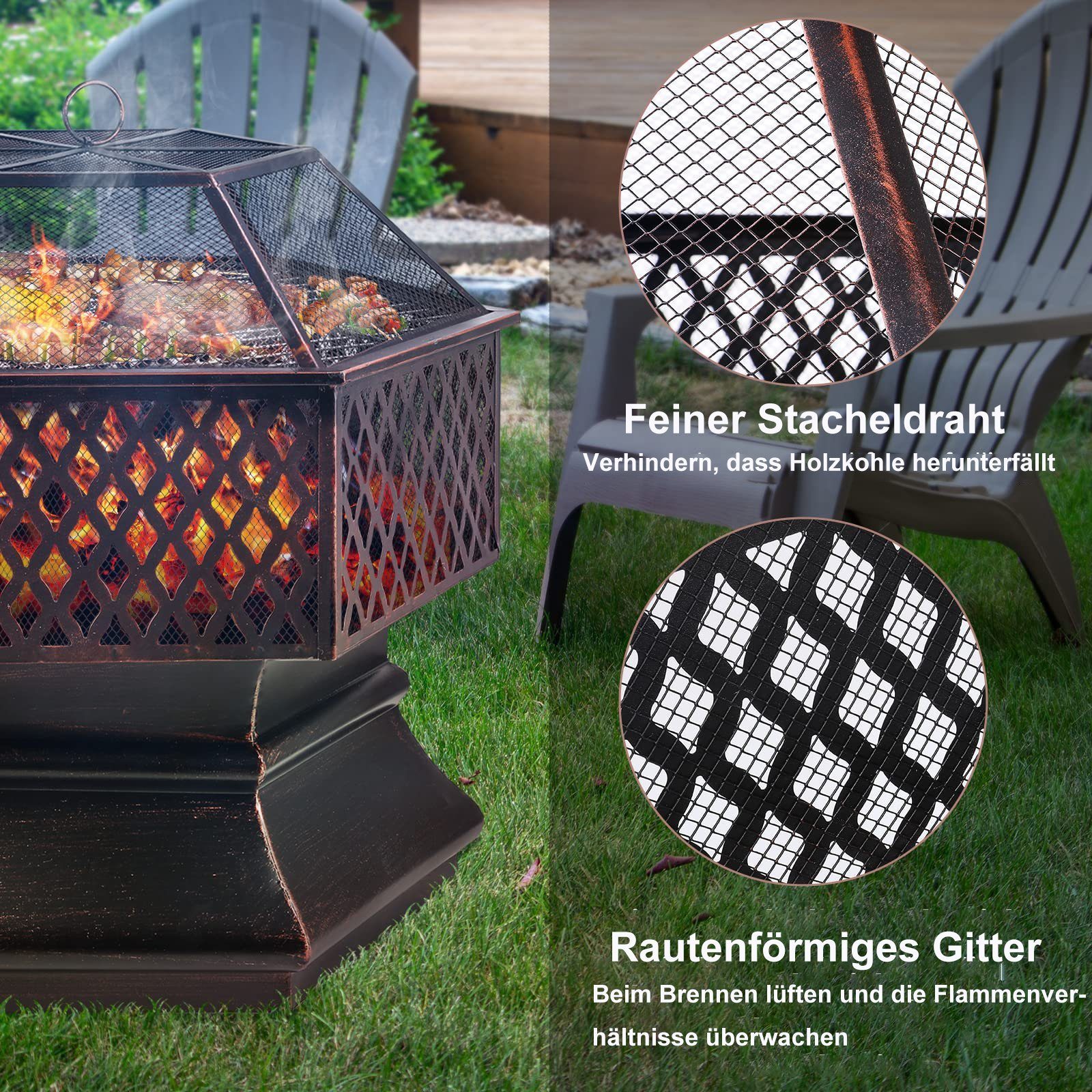 TLGREEN Feuerschale mit Grillrost und Funkenschutz, (Sechseckige Feuerstelle, Solide und Stabil), 71/66,XXXL, Feuerschalen für den Garten – Bild 5 von 5