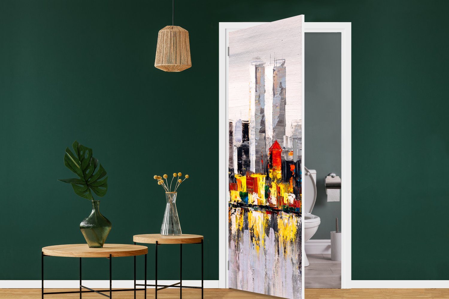 Skyline cm Türtapete Gemälde - Türaufkleber, - Ölfarbe, Tür, MuchoWow Farben für 75x205 bedruckt, St), (1 Matt, - Fototapete
