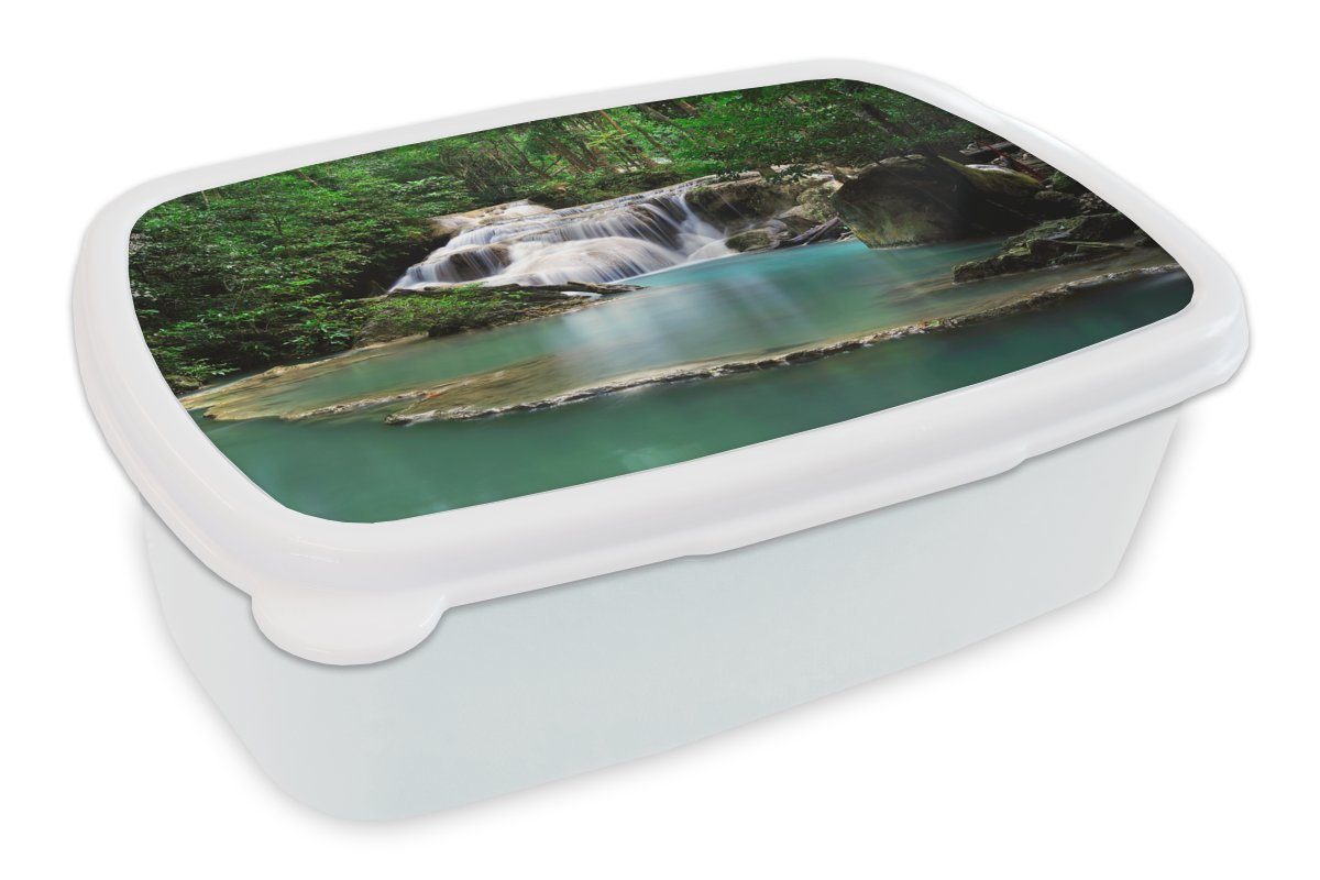 MuchoWow Lunchbox Ein Wasserfall mit Bäumen im Erawan-Nationalpark in Thailand, Kunststoff, (2-tlg), Brotbox für Kinder und Erwachsene, Brotdose, für Jungs und Mädchen weiß