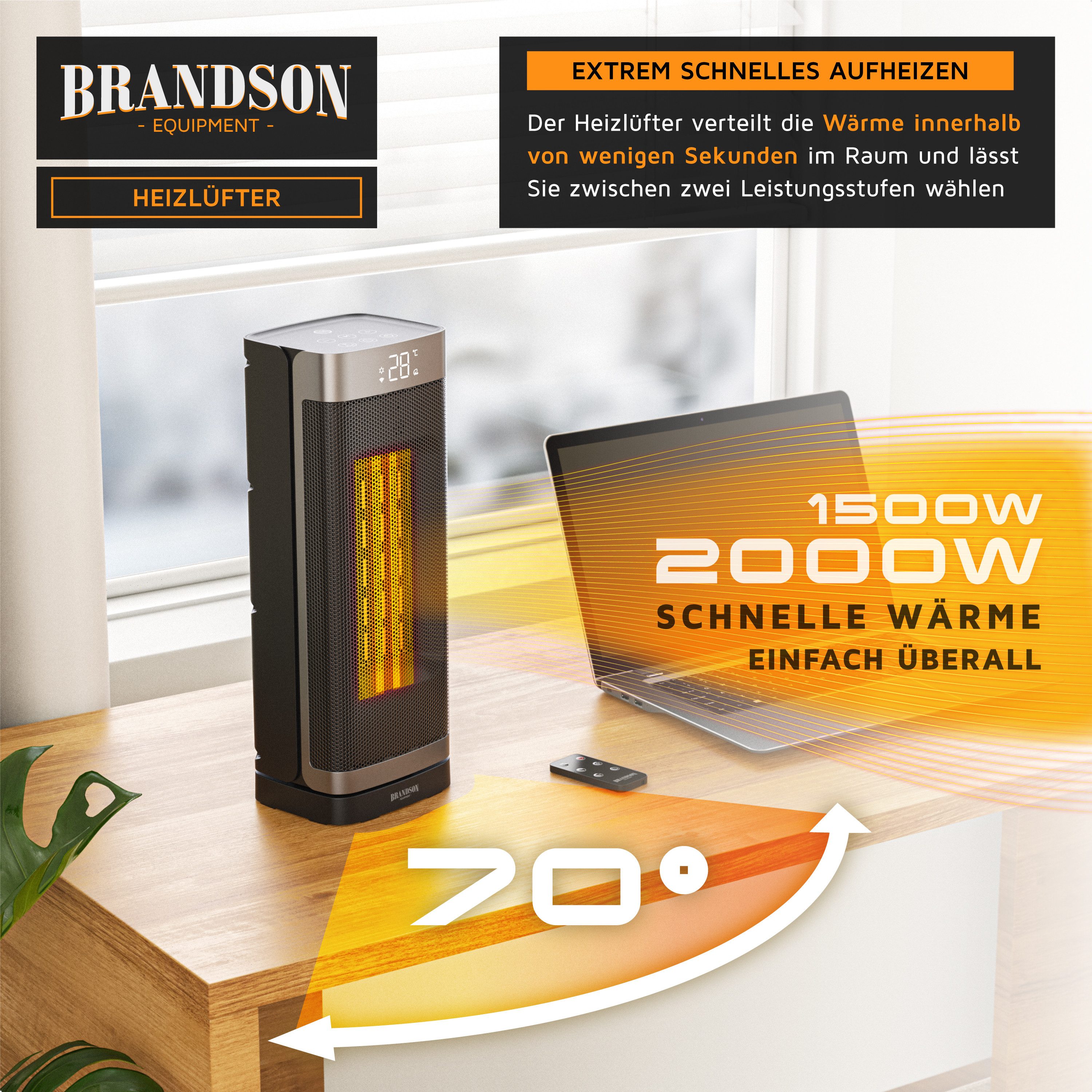 Brandson Heizlüfter Keramik, 2000 W, Heizgerät, Timer, Oszillation 70 Grad, Fernbedienung, 2000 W, ECO-Modus, Lüftermodus, 10-35°C, LED-Display, Preisträger 2025
