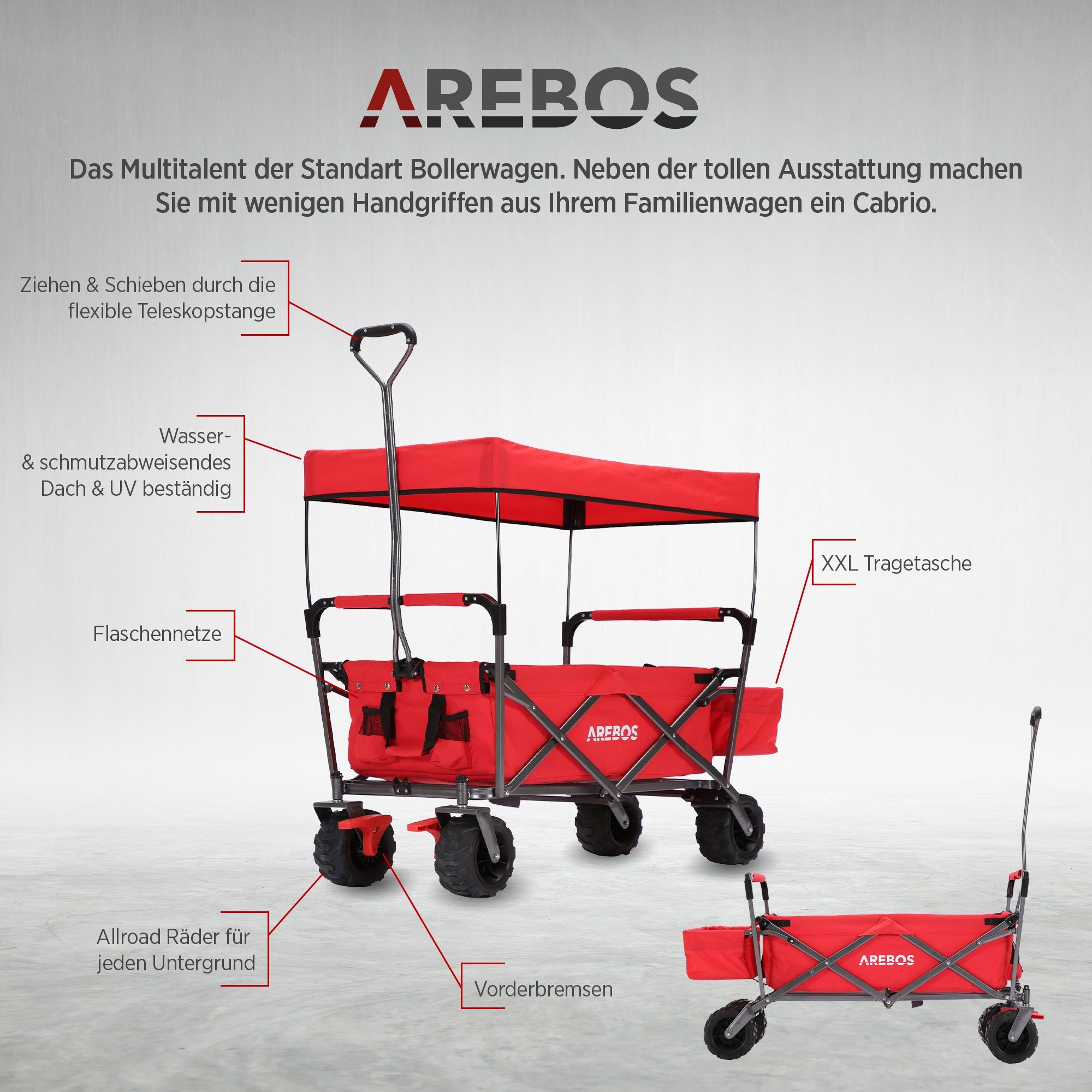 Arebos Bollerwagen faltbarer Handwagen mit Dach – Transportkarre für Garten & Freizeit, Maße 124 x 60 x 128 cm