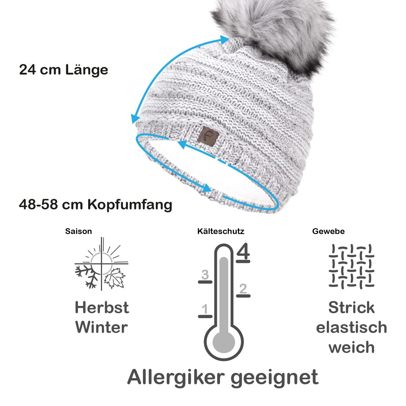 Faera Bommelmütze Wintermütze mit Bommel Damen Mütze Beanie Haube gefüttert Strickmütze