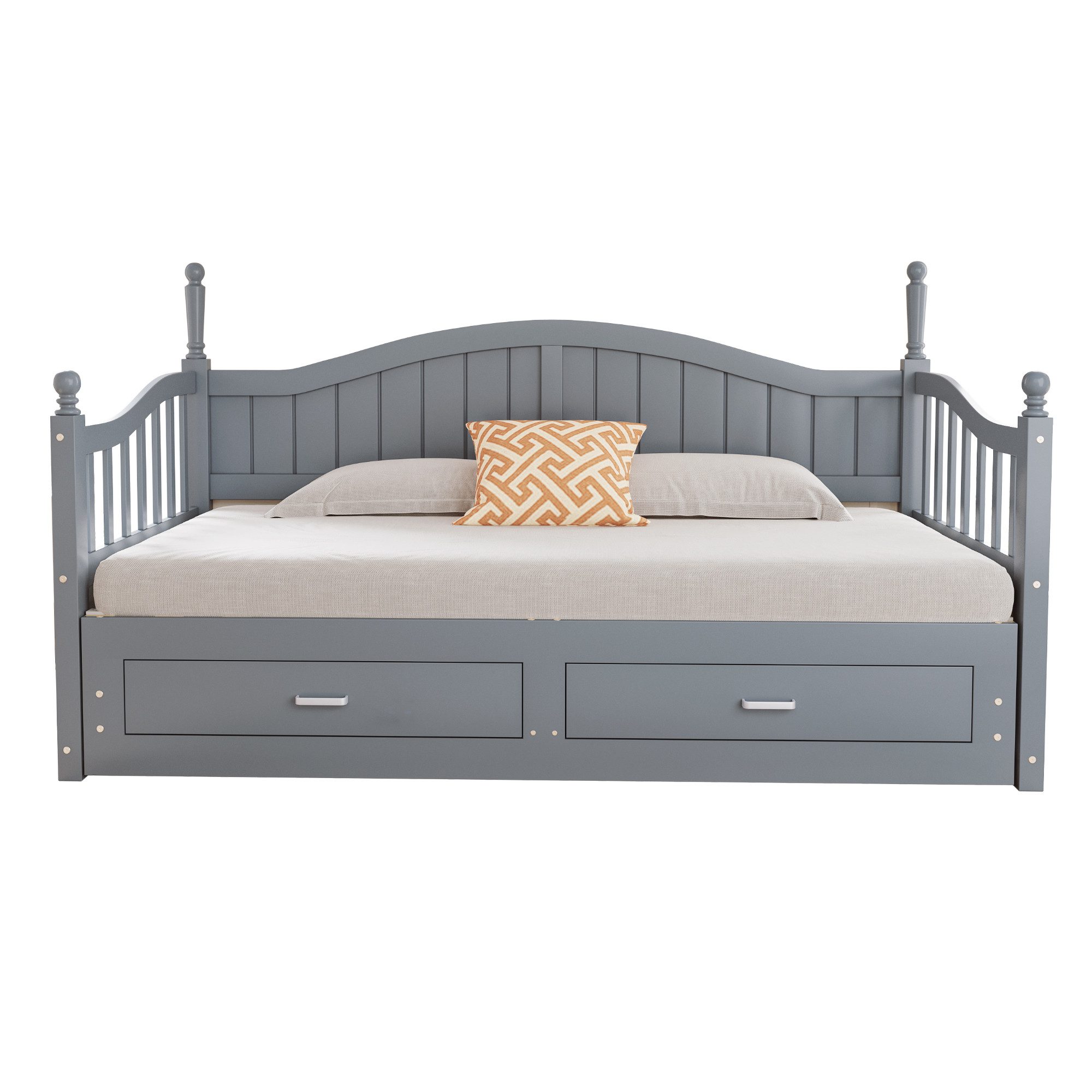 STILVORA Schlafsofa 90/180×190 Bettgestell mit Schubladen und Lattenrost aus Kiefernholz, Ausziehbares Daybett aus Massivholz mit Schubladen, römischen Säulen und geschwungener Rückenlehne, 90x190cm bis 180x190cm, Multifunktionales Bett, ohne Matratze