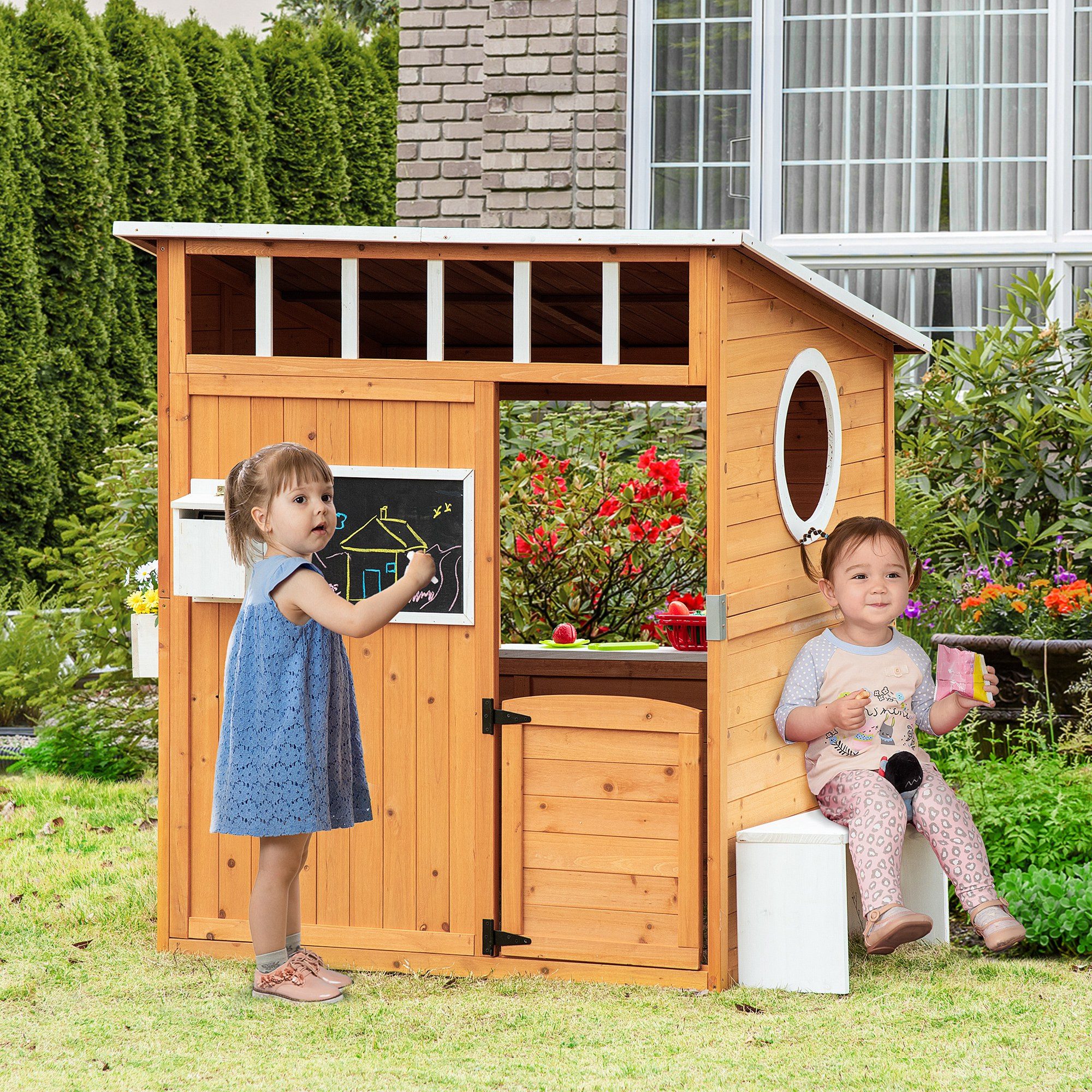 Outsunny Spielhaus für Kinder Holz mit Fenster Briefkasten Blumentopfrack, für 3-8 Jahre Tannenholz Gelb 122 x 108 x 135,5 cm