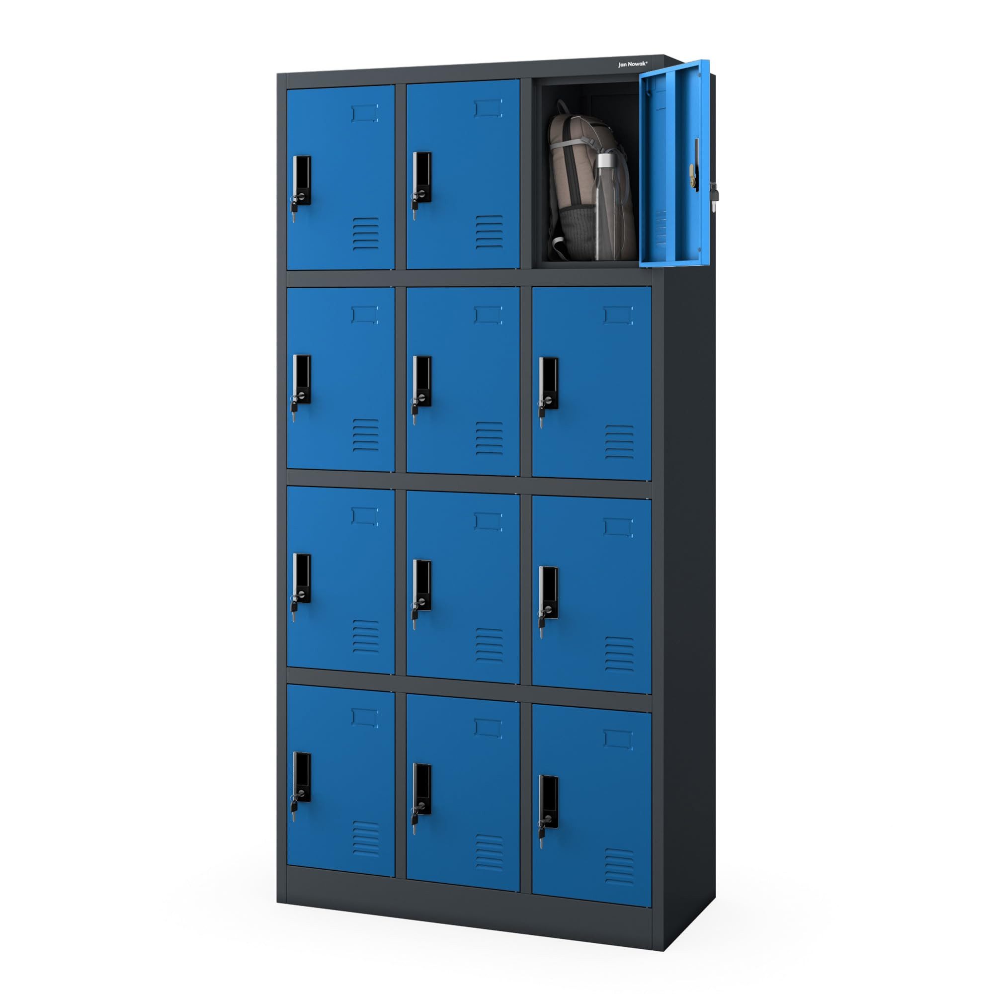 Jan Nowak Mehrzweckschrank Metall Schließfachschrank 90 cm MARCIN 12 Fächer abschließbar (Spind Garderobenschrank Umkleide Arbeitsraum Sozialraum Betrieb, 0,6 mm 185 x 90 x 40 cm Lüftungsschlitze Wandmontage robust) Zylinderschloss je Fach Namensschildhalter langlebig 10 Farben