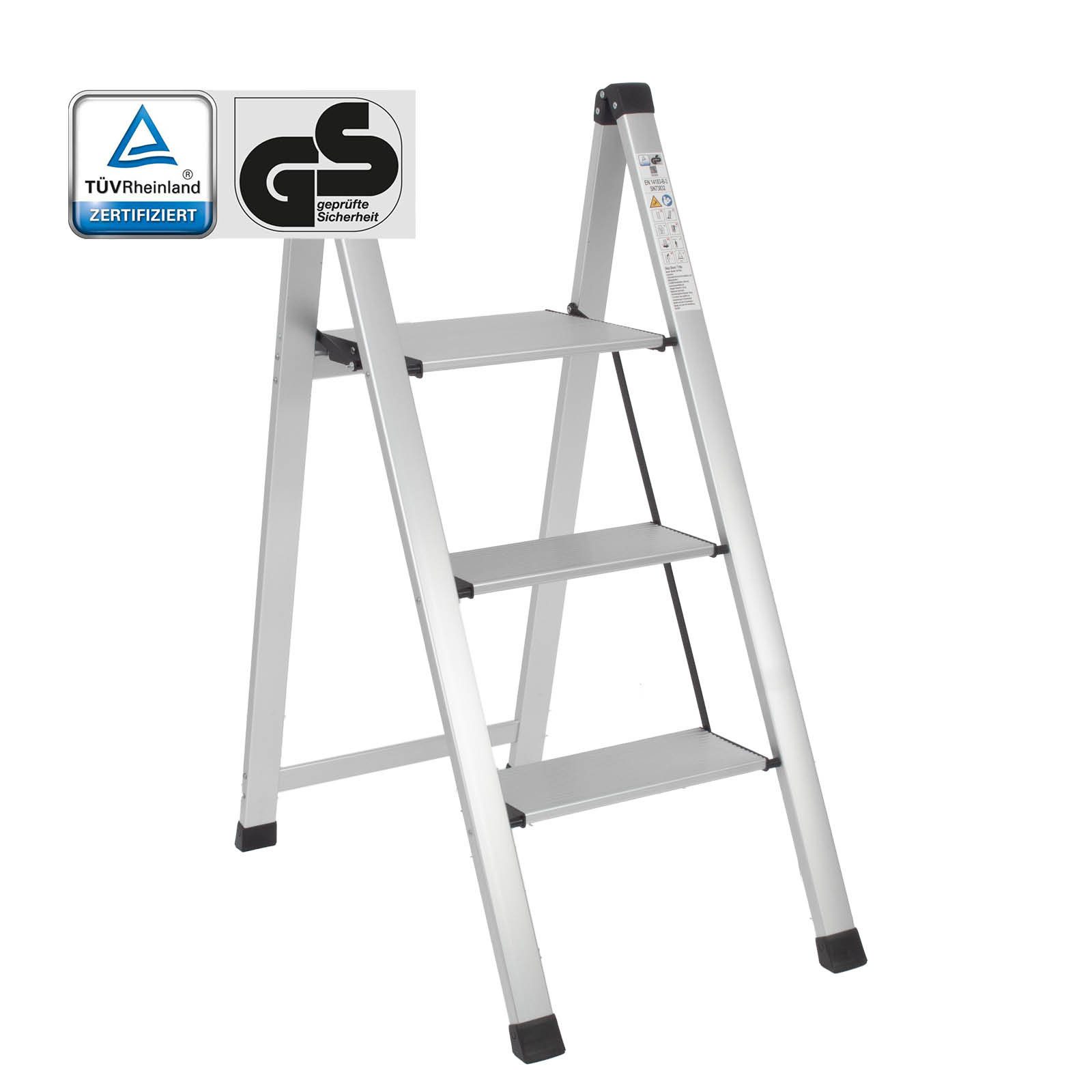 TRUTZHOLM Trittleiter Alu 3-stufig silber klappbar 150 kg Anti-Rutsch Trittflächen TÜV/GS
