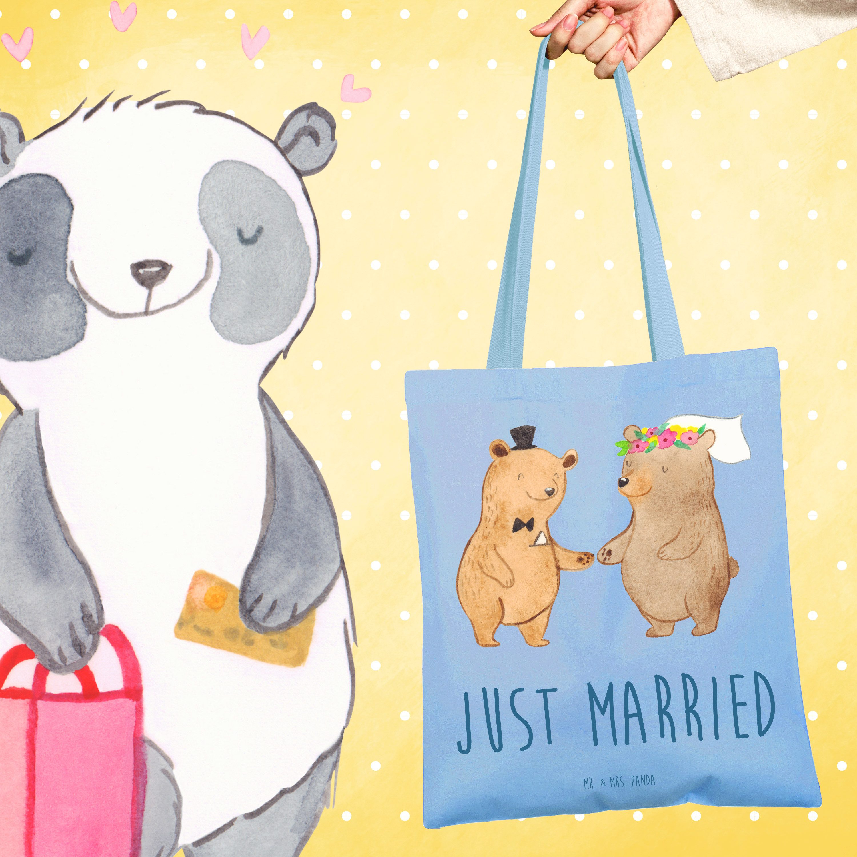 Mr. & Mrs. Panda Tragetasche Bären Heirat, Tote Bag, Sky Blue, Geschenk Zur Hochzeit, Tragetasche, (Packung), Freizeittasche Tasche tragetasche baumwolle
