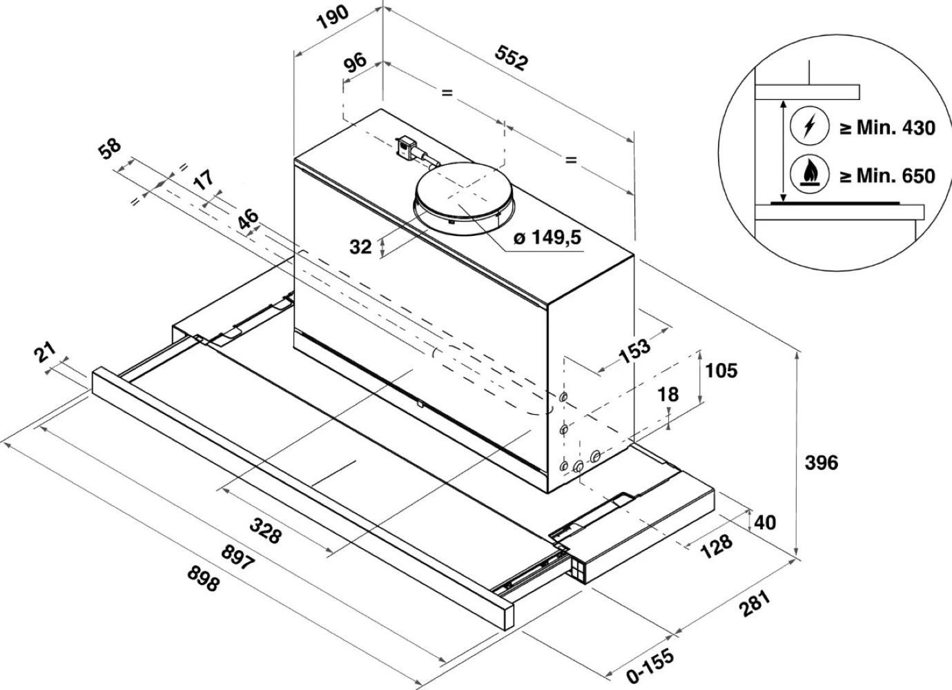 BAUKNECHT Flachschirmhaube 90cm zum Schrankeinbau für 60cm Oberschrank LED DBAH92LTX 90cm zum Schrankeinbau für 60cm Oberschrank LED DBAH92LTX