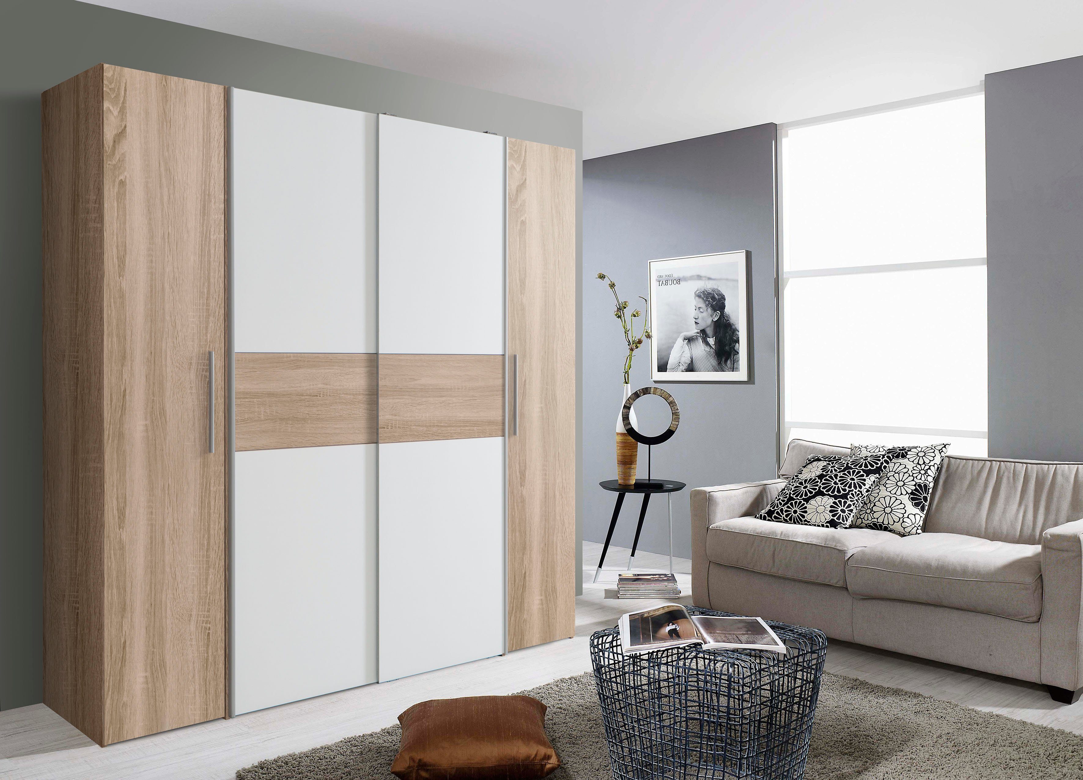 FORTE Kleiderschrank Kalixtus, TOPSELLER, Made in Europe (B/H/T ca. 200x190x60 cm, 2 Schiebetüren, 2 Drehtüren, 8 Einlegeböden) Kombination aus Dreh- und Schwebetüren, mehrere Farben