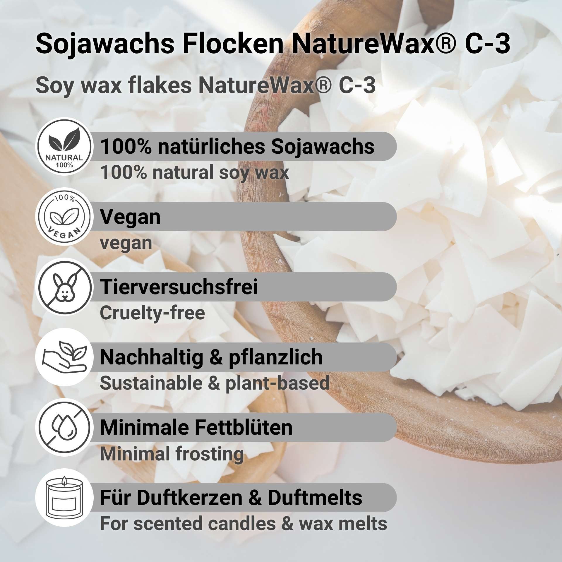 DistrEbution Bastelnaturmaterial Sojawachs C-3 Flocken Naturwachs Kerzenwachs 5 kg, Zur Herstellung von Kerzen in Behältern